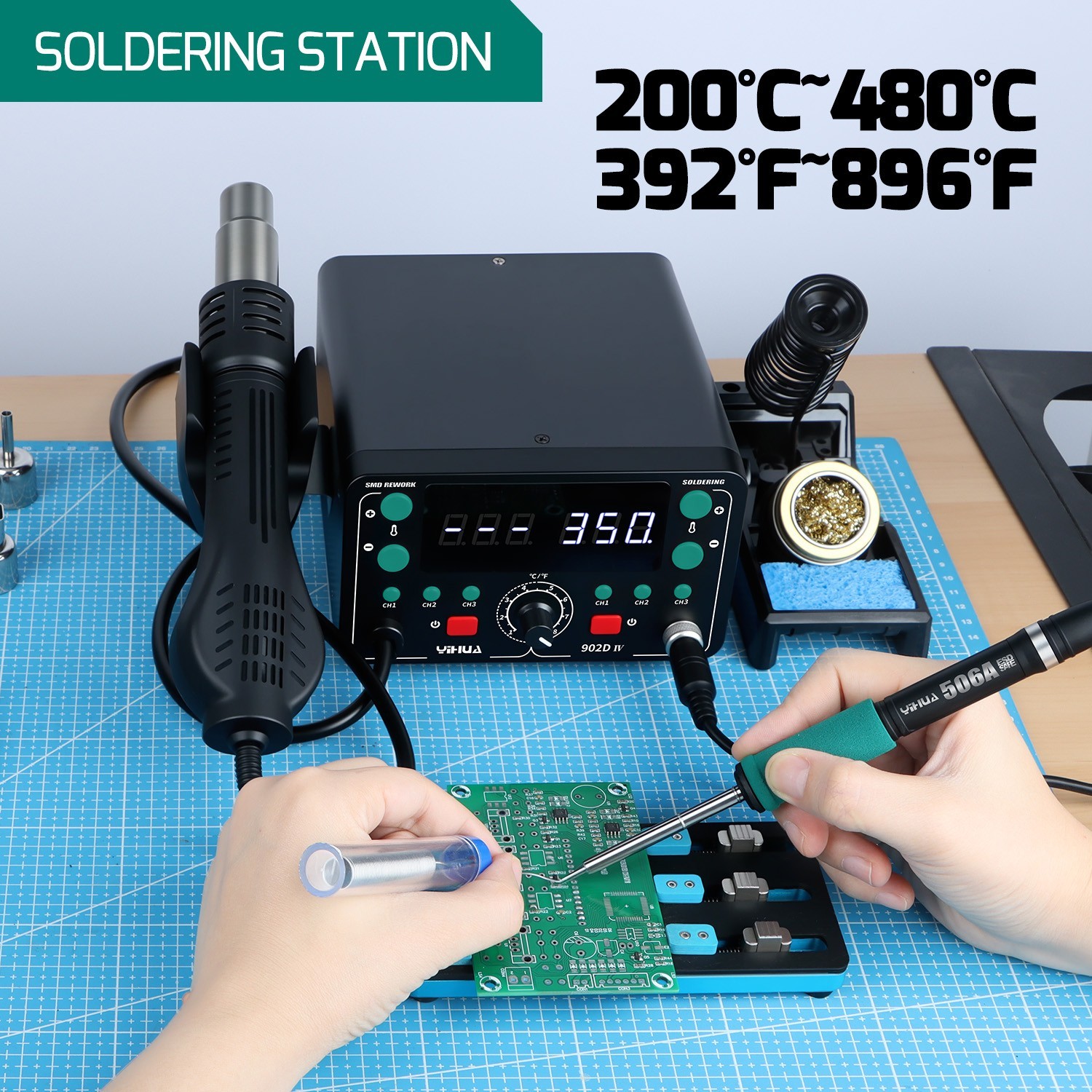 YIHUA 902D-IV T12 Soldering & Hot Air Rework Station Kit Digital Adjustable Temp