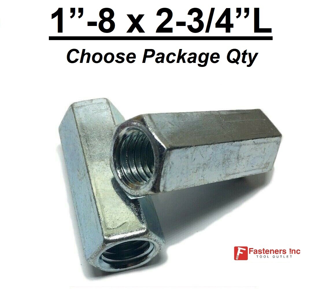 1″-8 x W1-3/8″ x L 2-3/4″ Coarse Grade A Hex Threaded Rod Coupling Nut Zinc