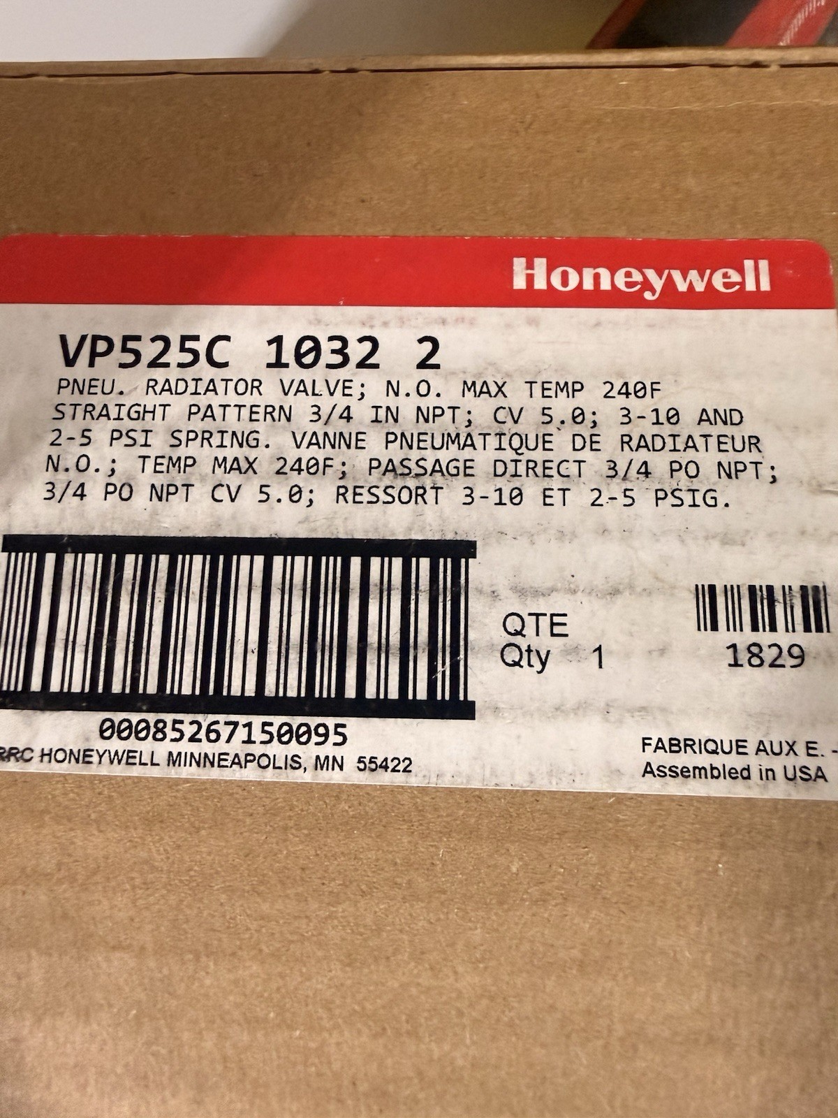 Honeywell 3/4″ NPT Male Union Two-Way Unitary Valve VP525C 1032