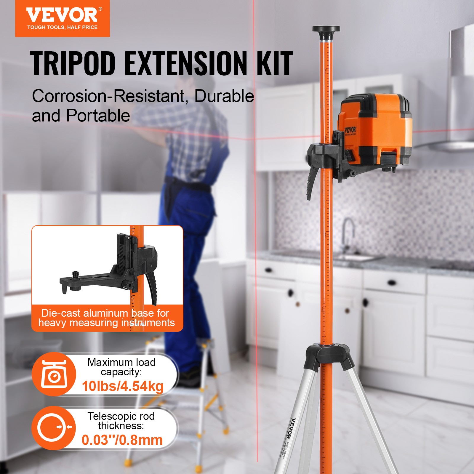 VEVOR Laser Level Tripod 1/4″-20 & 5/8″-11 Thread 40.94-133.85 in Height Adjust