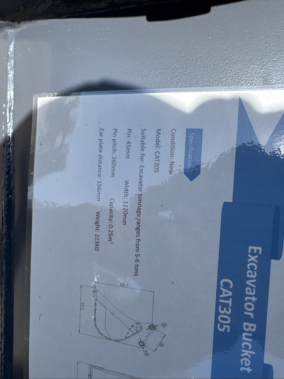 Cat 305 48 inch Ditching Bucket mini excavator Caterpillar 45 mm pins Komatsu