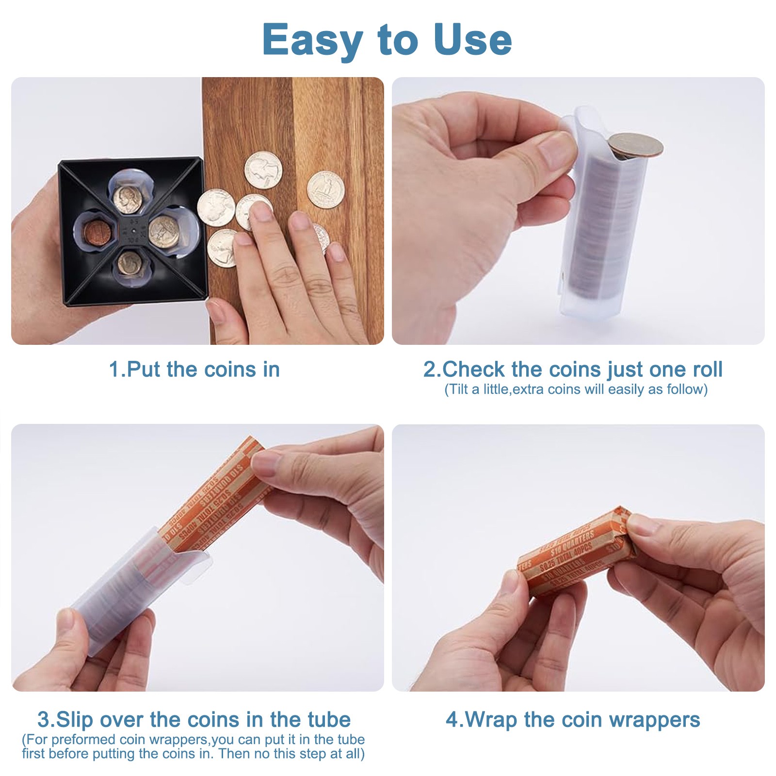4-In-1 Coin Counter Sorter Tube Accurate Count for Pennies Nickels Dimes Quarter