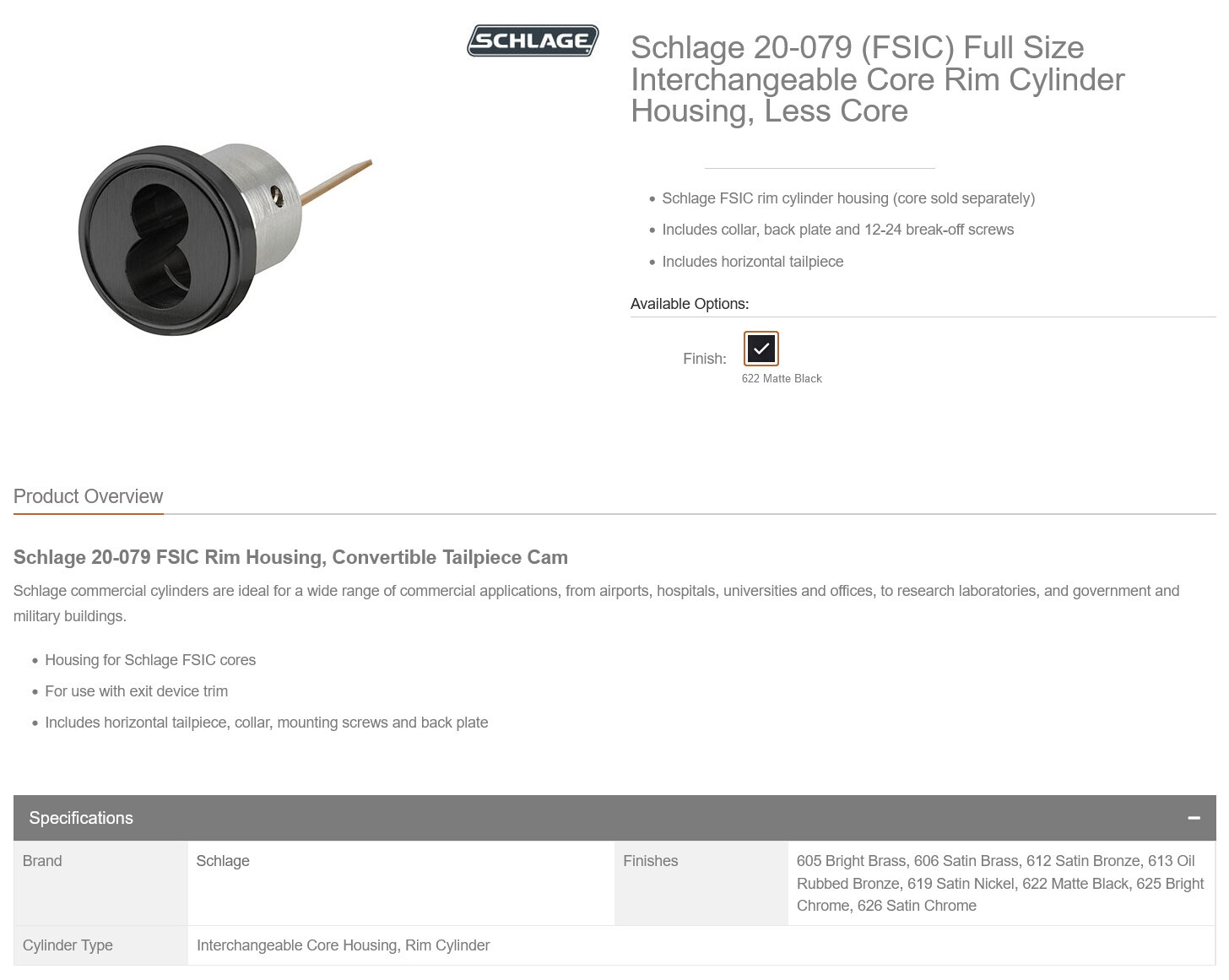 1 NEW SCHLAGE 20-079.622 INTERCHANGABLE RIM CYLINDER LESS CORE NIB *MAKE OFFER*