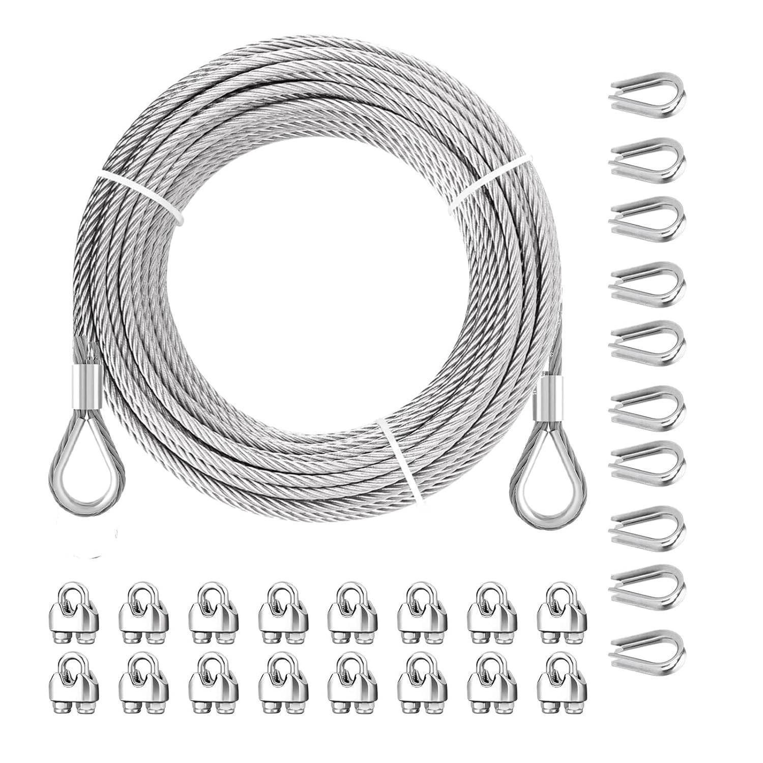 3/16″ Stainless Steel Cable 100Ft Wire Rope with Wire Rope Clamps and Thimble, 4