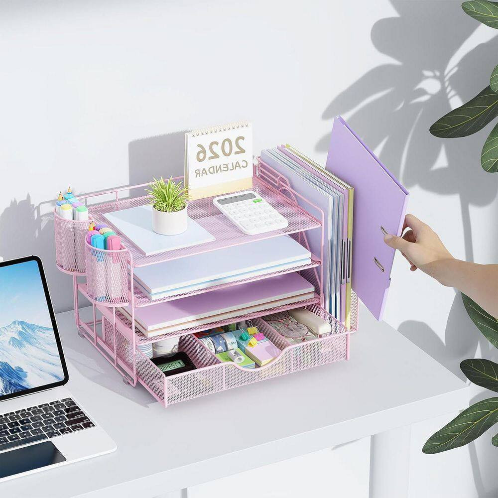 Pink 15.5 In. X 9.2 In. Metal Modern Desk File Holder with Drawer and 2 Pen Hold