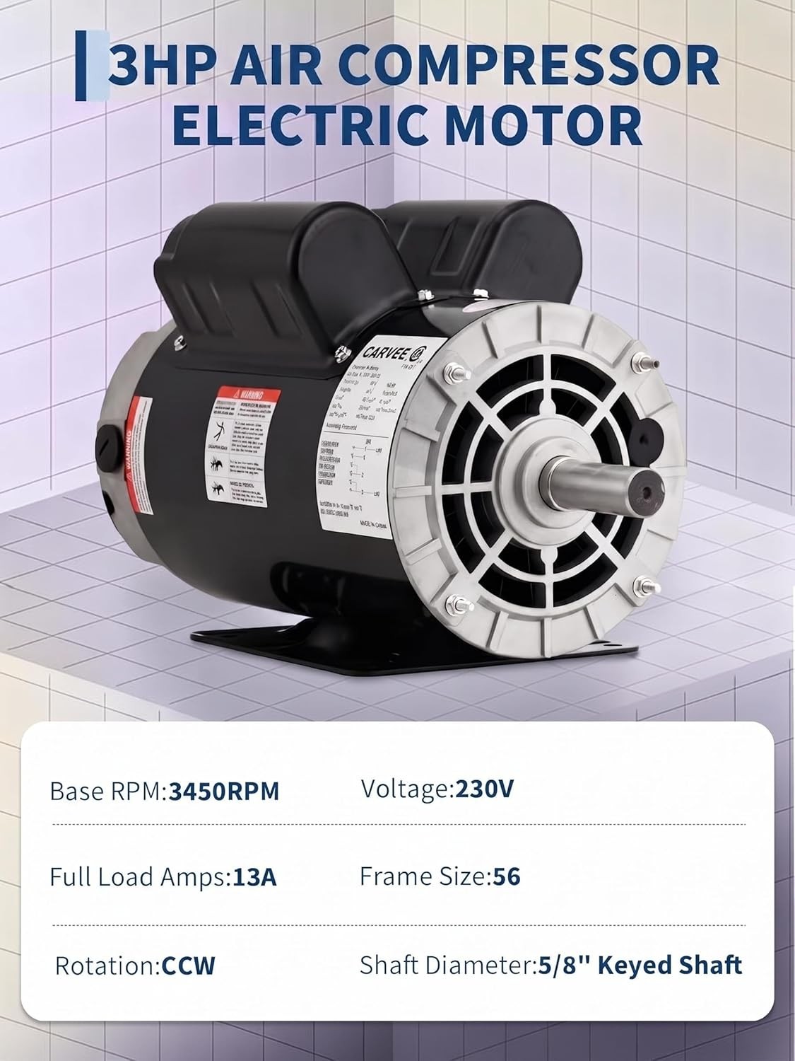 3HP SPL Air Compressor Motor 230V 56 Frame 3450 RPM 5/8″ Shaft Dual Rotation