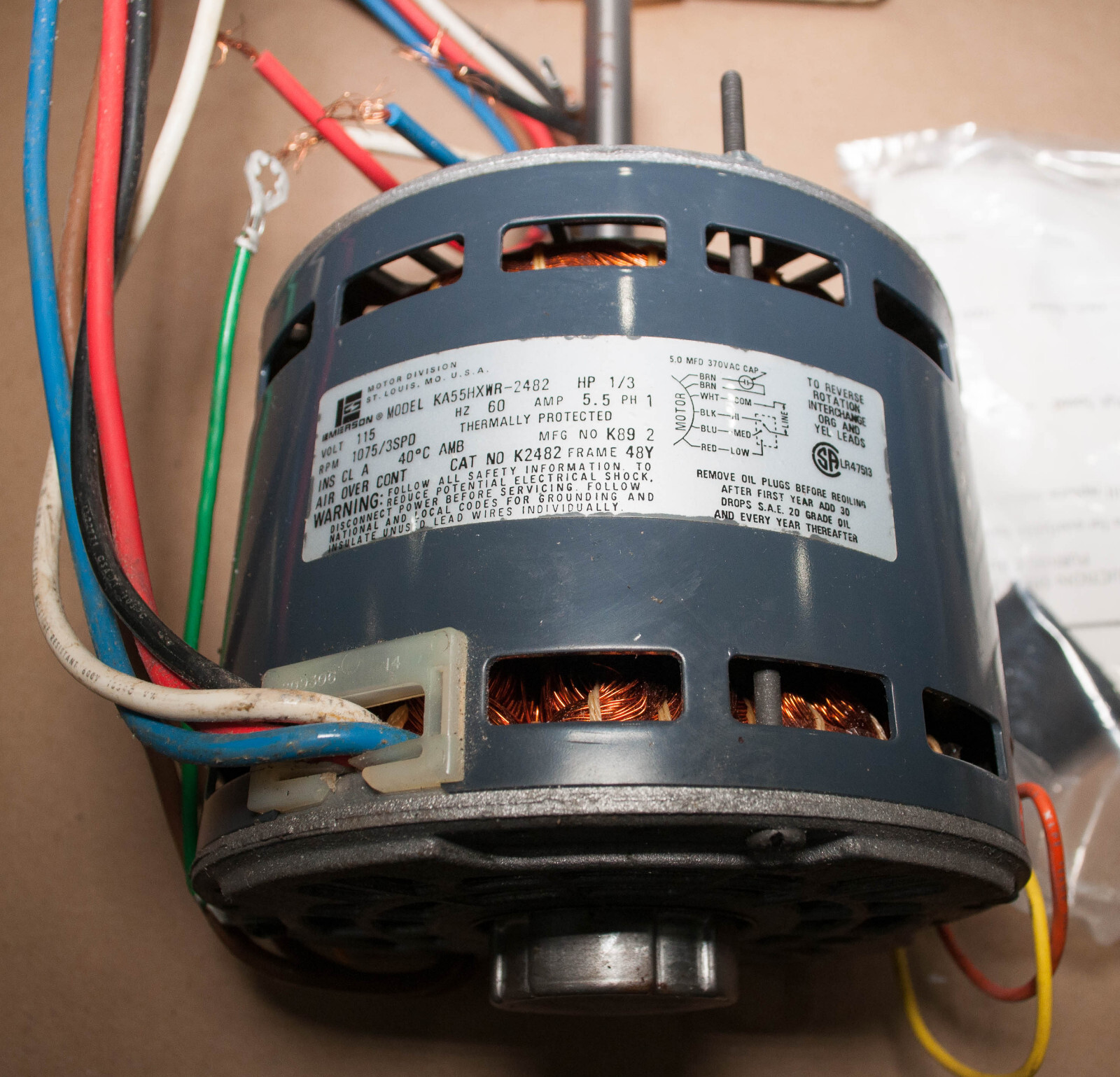 Emerson K2482 PSC Direct Drive Fan & Blower Motor 1/3 HP 1075 RPM 3 Spd 115V