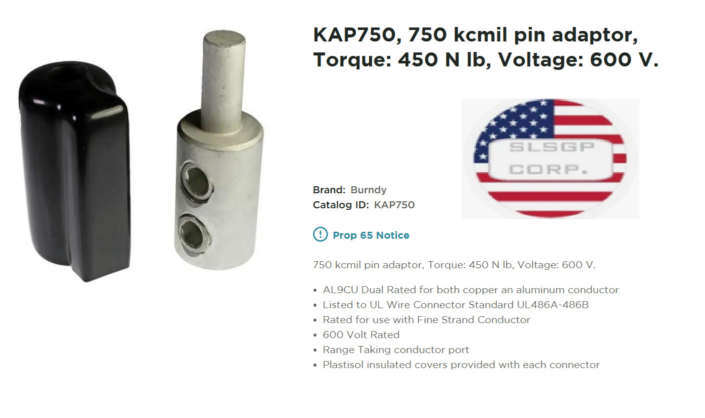 BURNDY KAP750 – 750 KCMIL AL MECH PIN ADAPTOR – (Pack of 1)