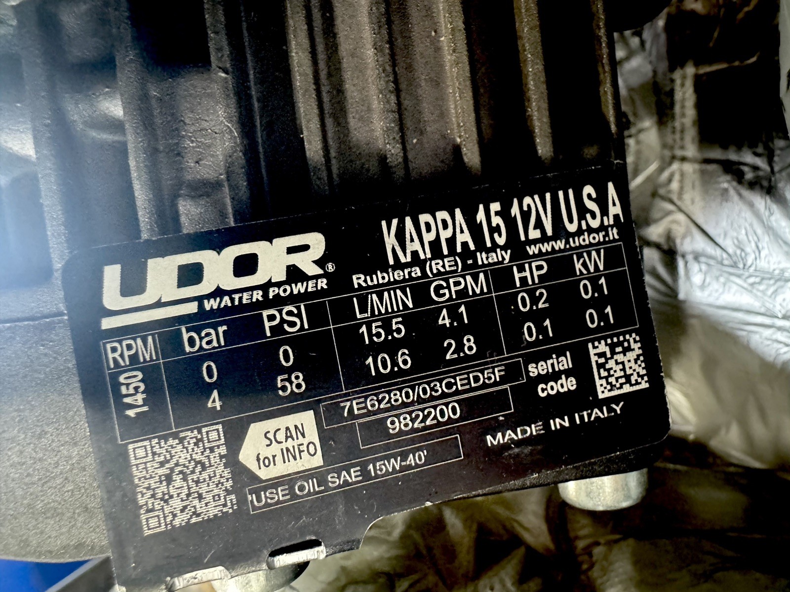 UDOR KAPPA 15 – 12 Volts Diaphragm Pump 1500 RPM Italy Amer MP80s