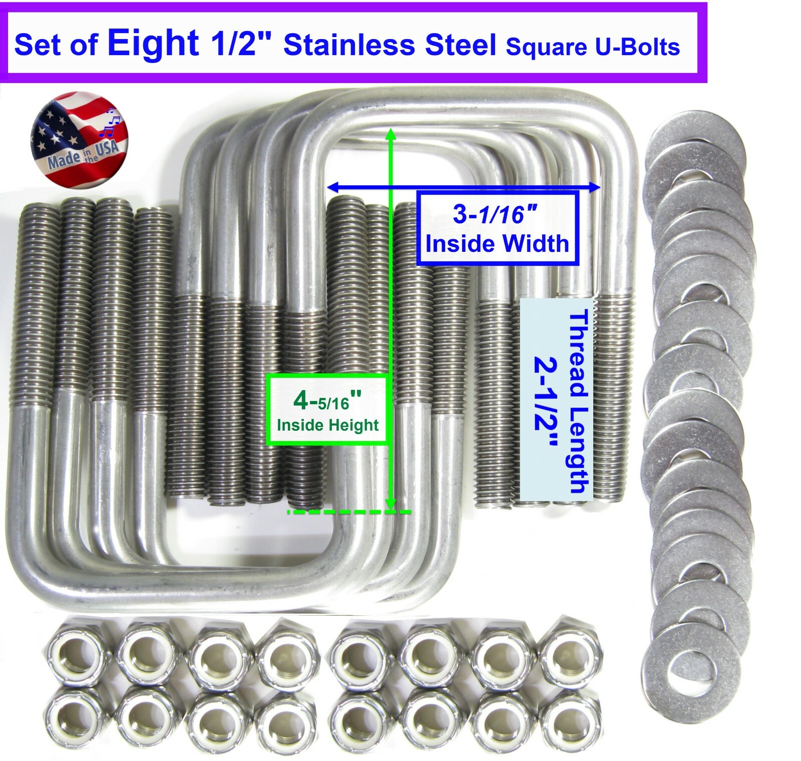 (8) Boat Trailer U Bolt Stainless Steel SS UBOLT 1/2″ D x 3 1/16″ W x 4 5/16″ L