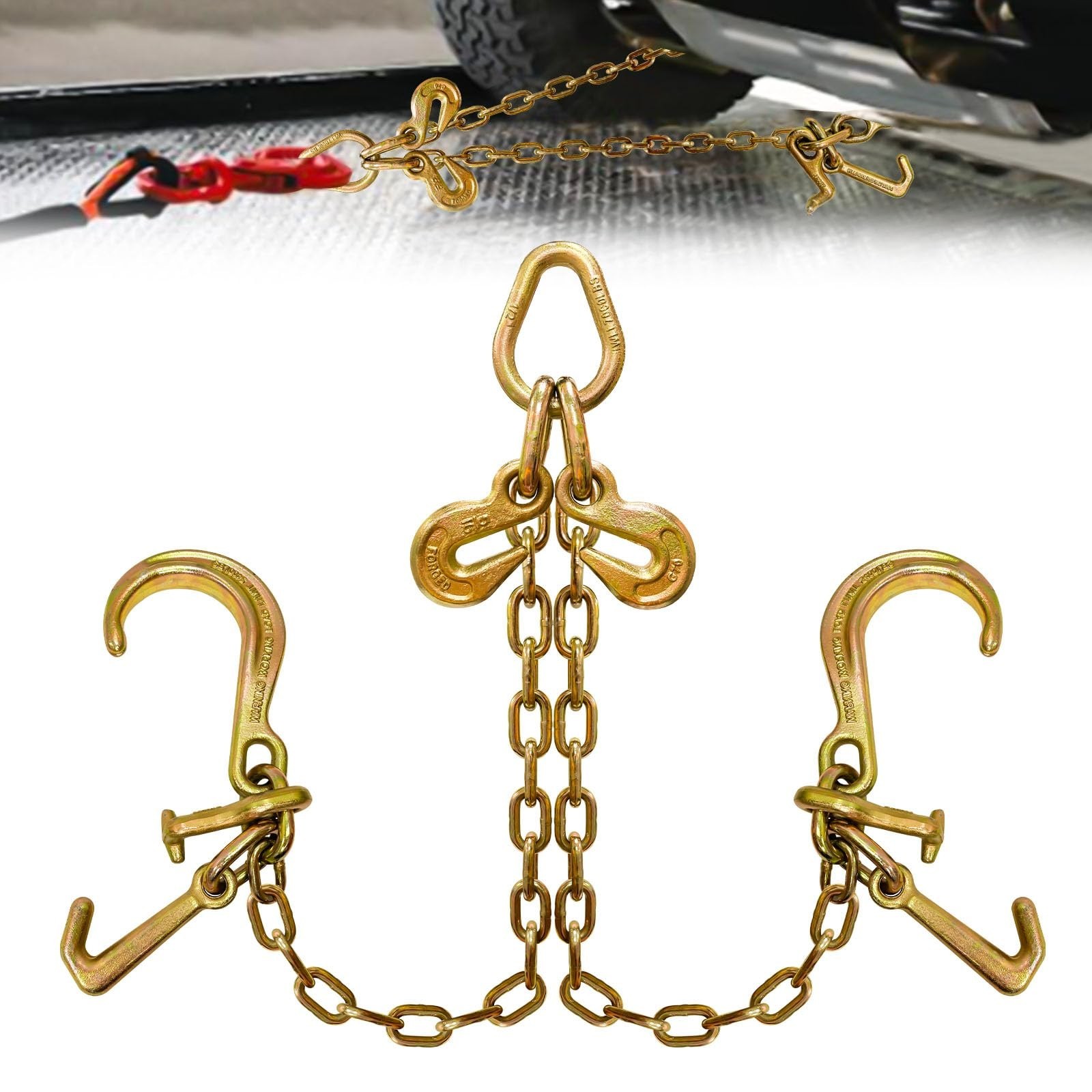 G80 V Bridle Chain 5/16 in × 2 Ft Tow Chain with 8 in J Hooks and Grab Hook