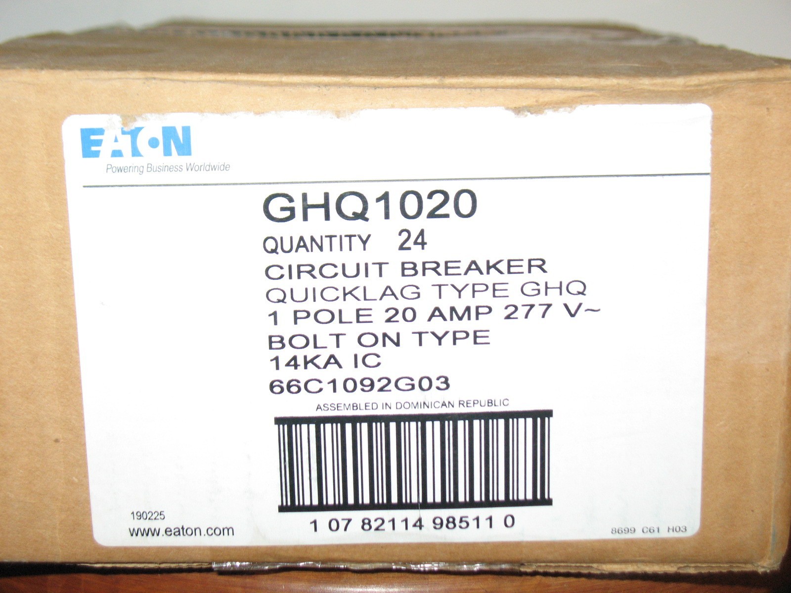 Eaton GHQ1020 20 Amp 14kA @ 277v 1 Pole Type GHQ Bolt-On Circuit Breaker (24)