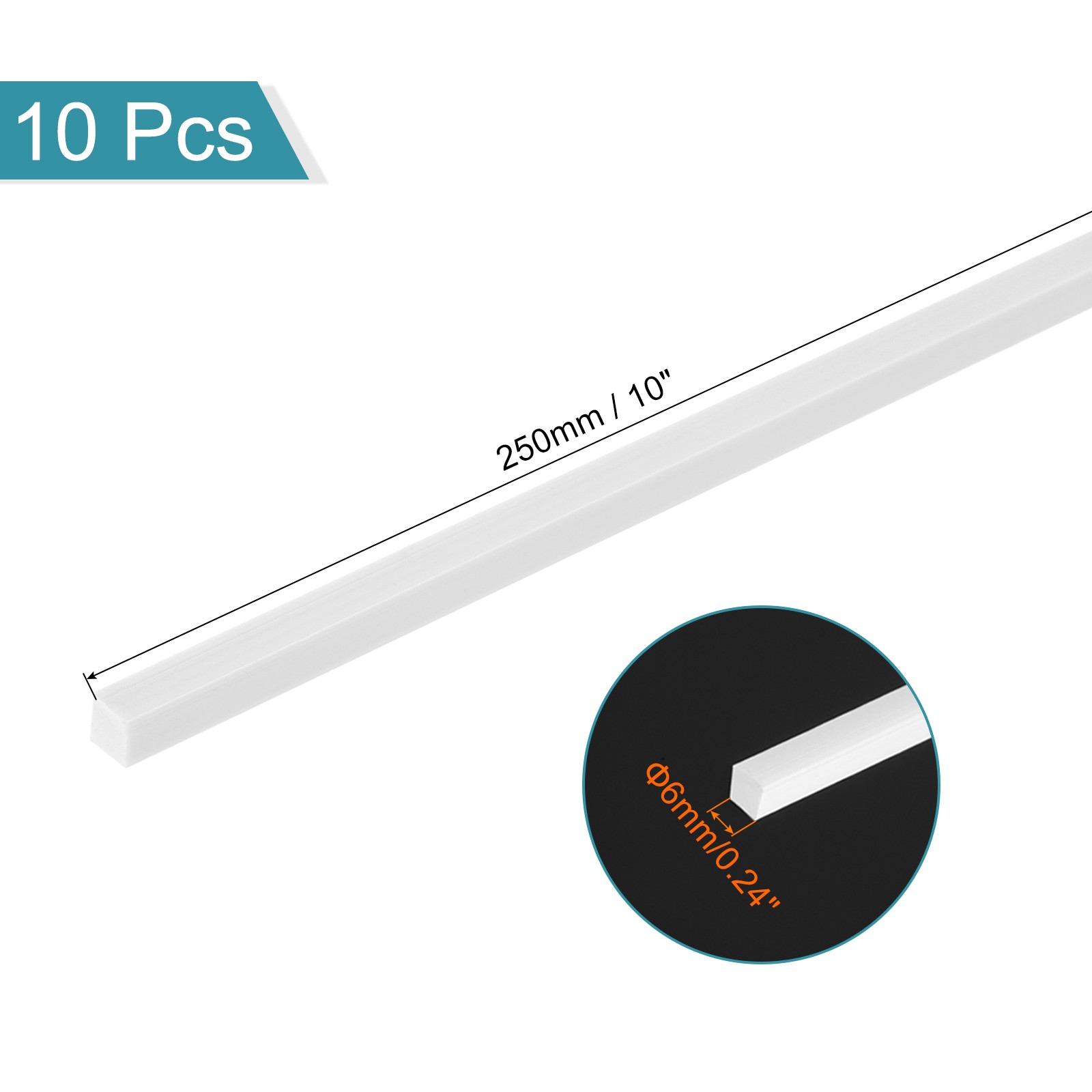 10Pcs ABS Plastic Rod Square Solid Bar 1/4″ x 10″ White Smooth Plastic Tube Rod