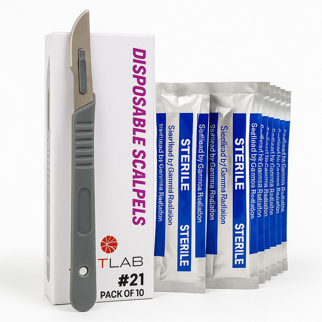 PACK OF 10 STERILIZED DISPOSABLE SCALPELS #21-SINGLE USE – DISSECTING, SURGICAL