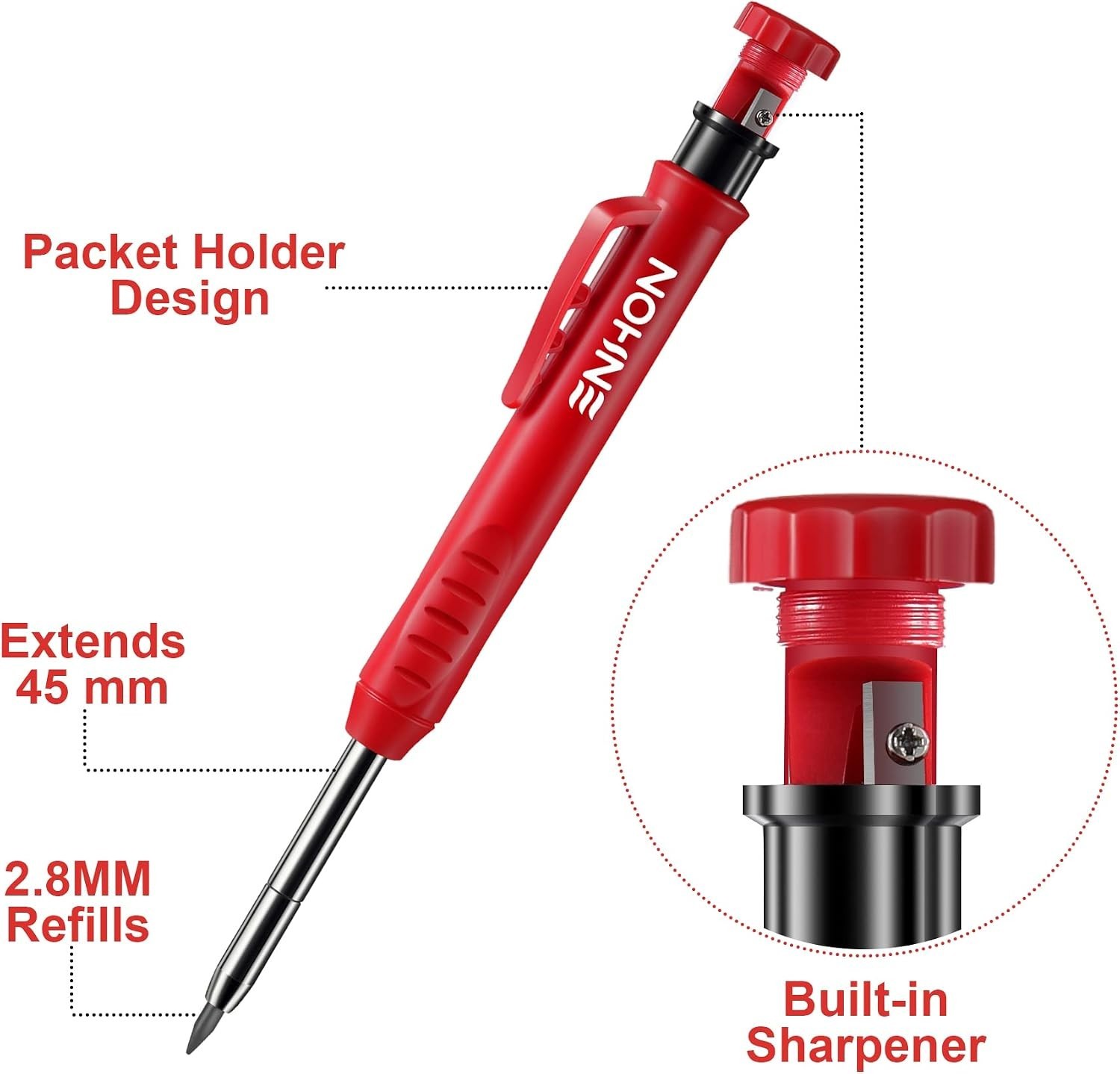 4 Pack Carpenter Pencil Set with Sharpener, Black/Red/Yellow | 45mm Deep- Tip…