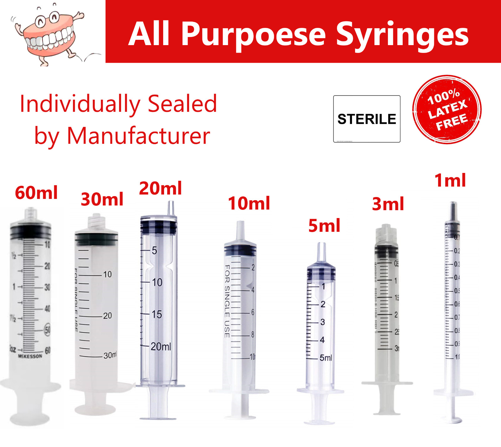 1ml / 1cc Syringe (No Needle) 3cc, 5cc, 6cc, 10cc, 20cc, 30, cc, 60cc, 5-100/Bx