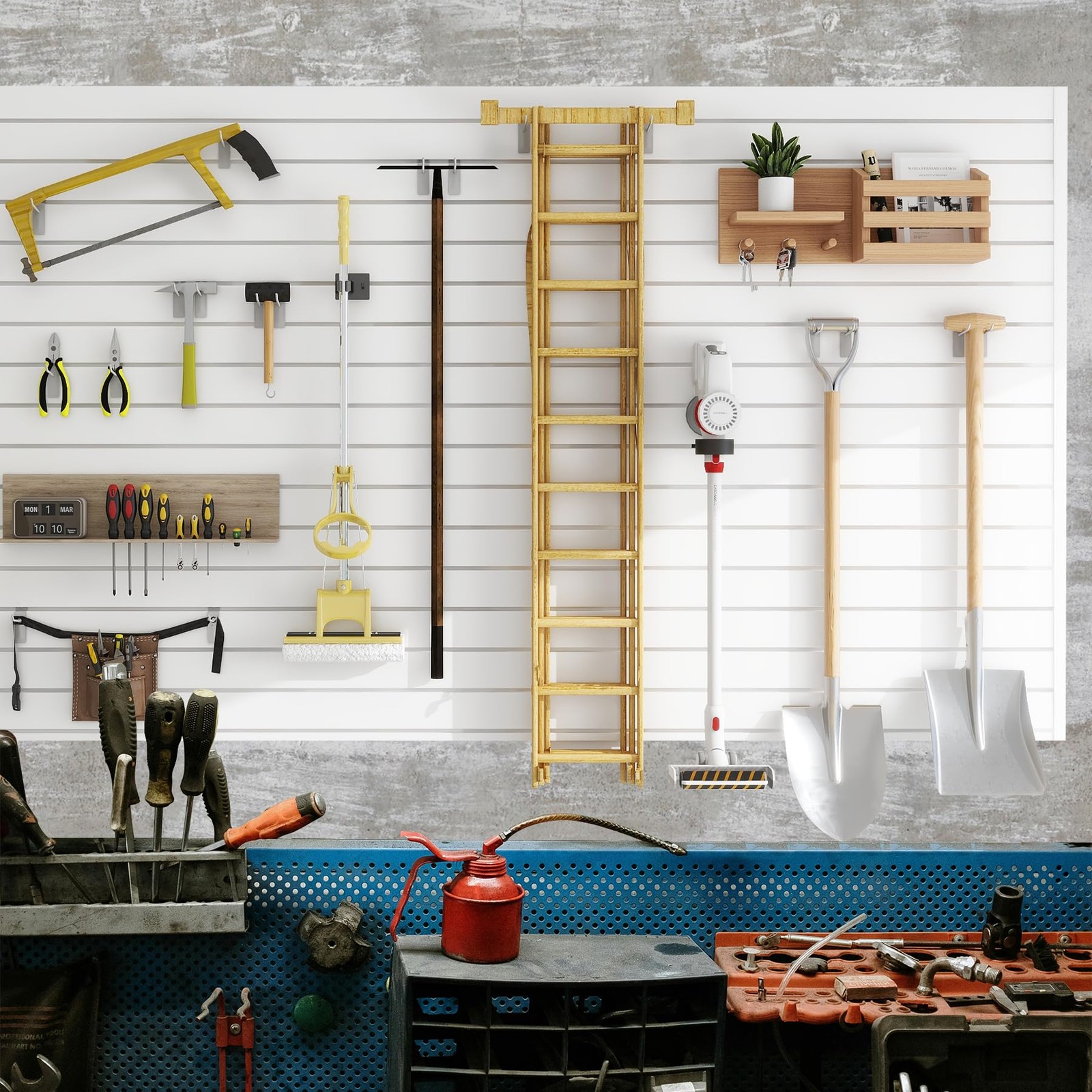 Slatwall Panel 8×4 FT Interlocking PVC Wall Mounted Garage Organizer White