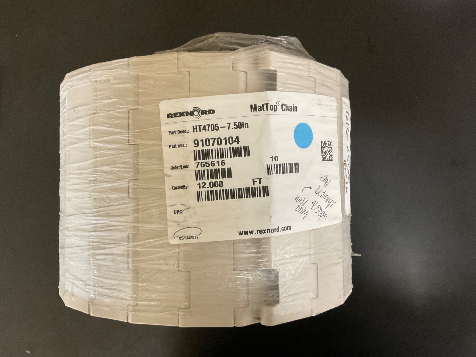 NEW REXNORD TABLE TOP CONVEYOR CHAIN 10″W 12ft 91070104 WISCONSIN HT4705-7.50