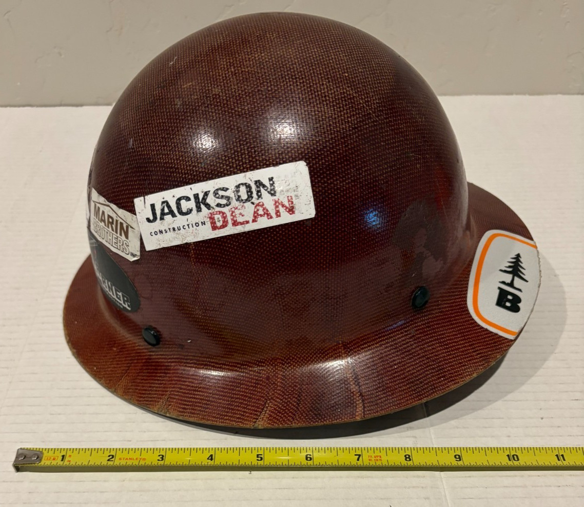 MSA Skull Gard Full Brim Brown Hard Hat w/Union Construction Decals Used w/Wear