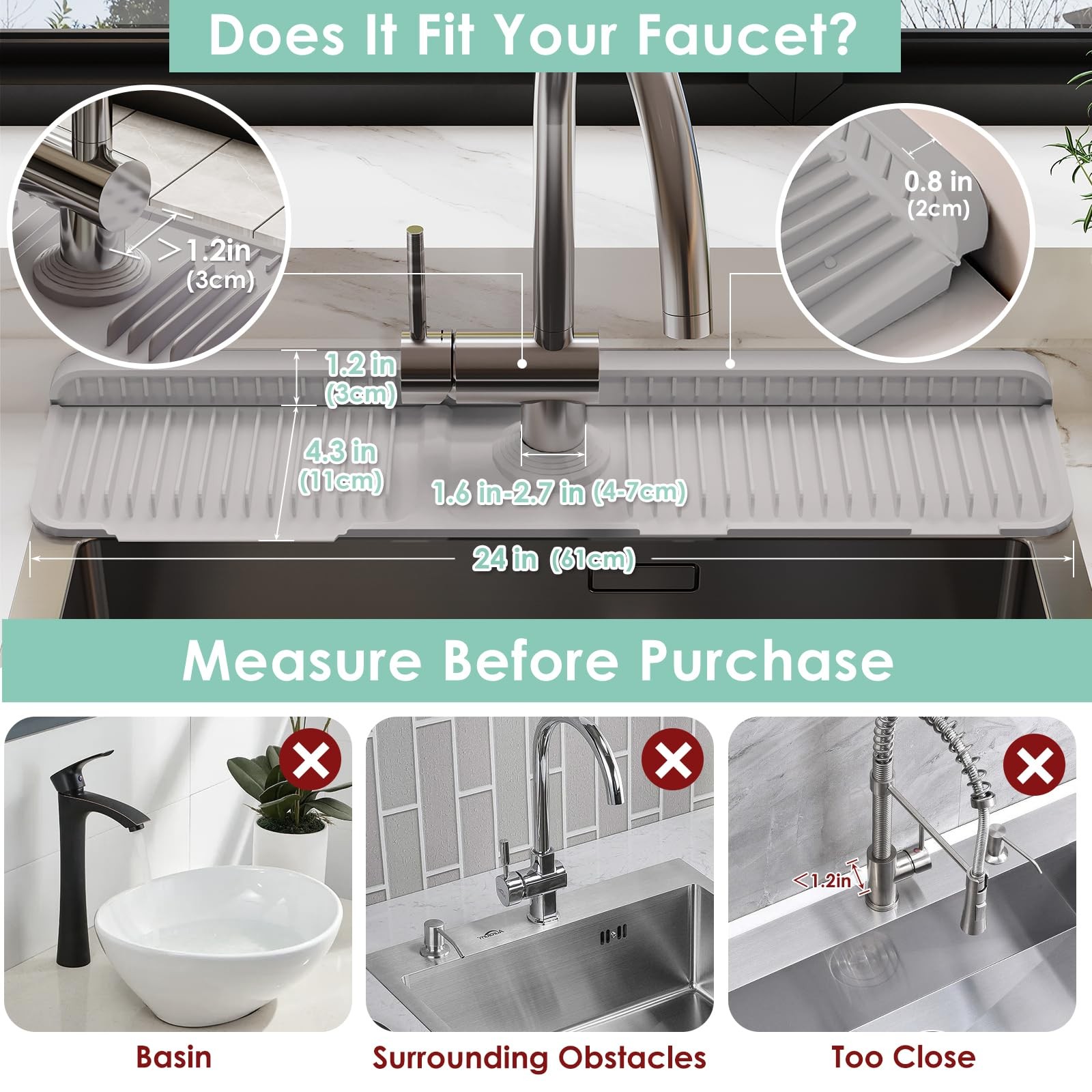 24 Inch Silicone Faucet Mat for Kitchen Sink Splash Guard – 7° Slope Water Drain