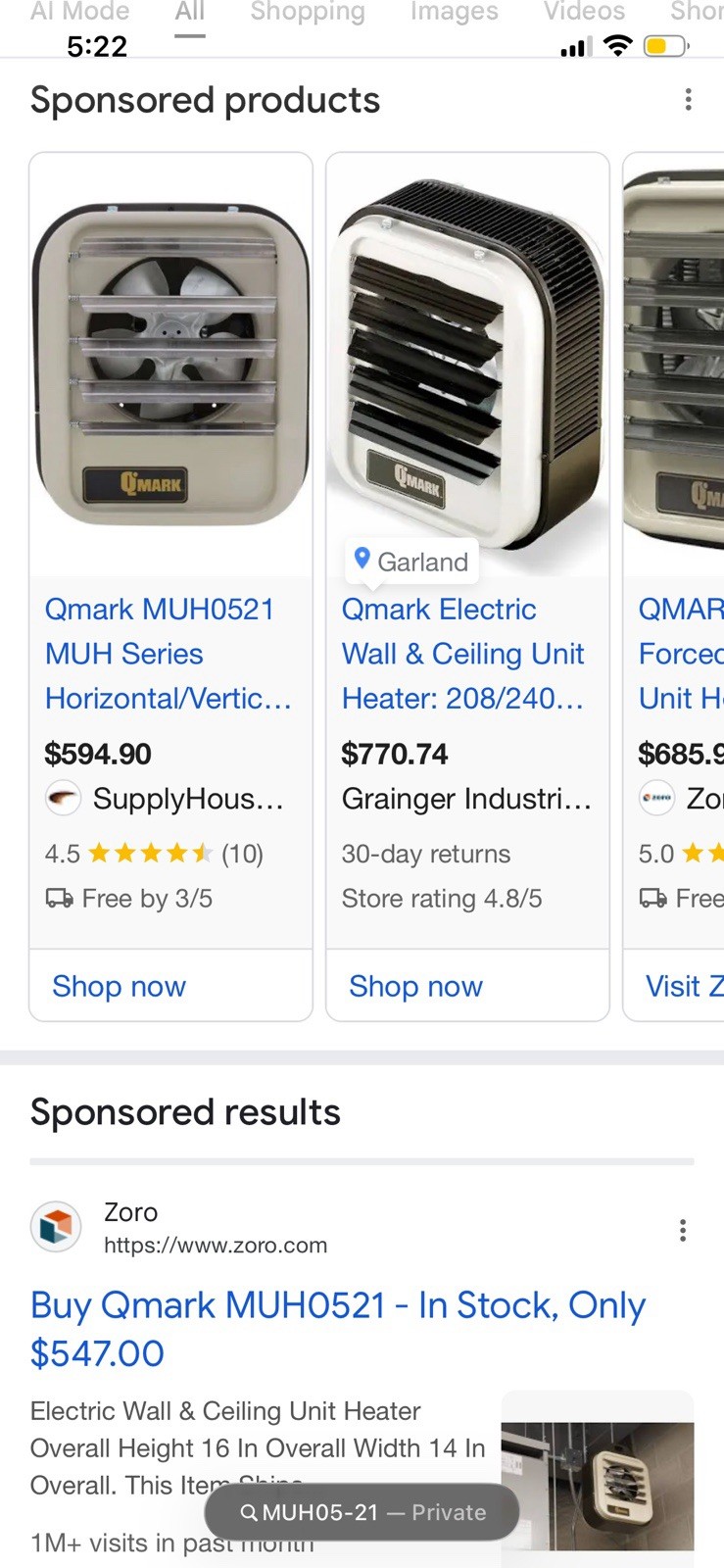 QMark MUH0521 Electric Unit Heater 208/240V 3700/5000W Wall Ceiling Forced Air