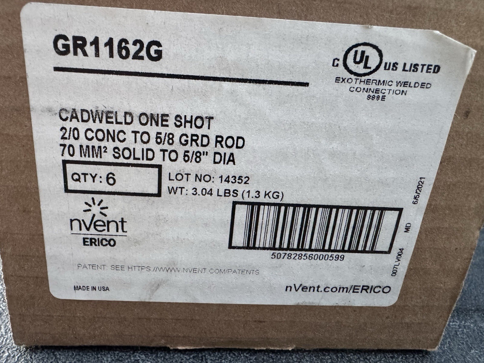 Lot of 6 Erico Cadweld GR1162G One Shot 2/0 X 5/8 Ground Rod -NEW-