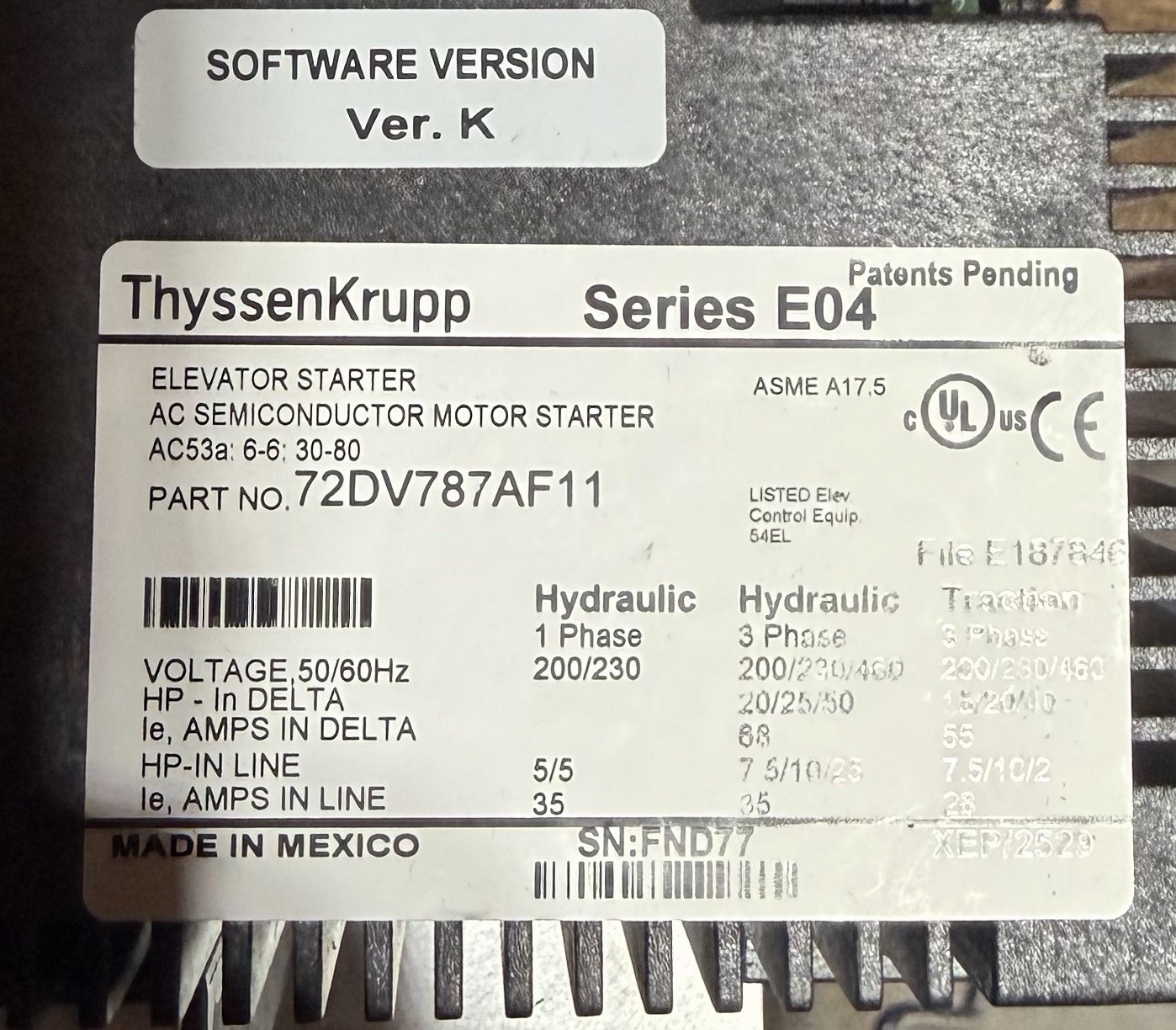 Thyssenkrupp 72DV787AF11 Elevator Starter 50hp 200/230460v-ac