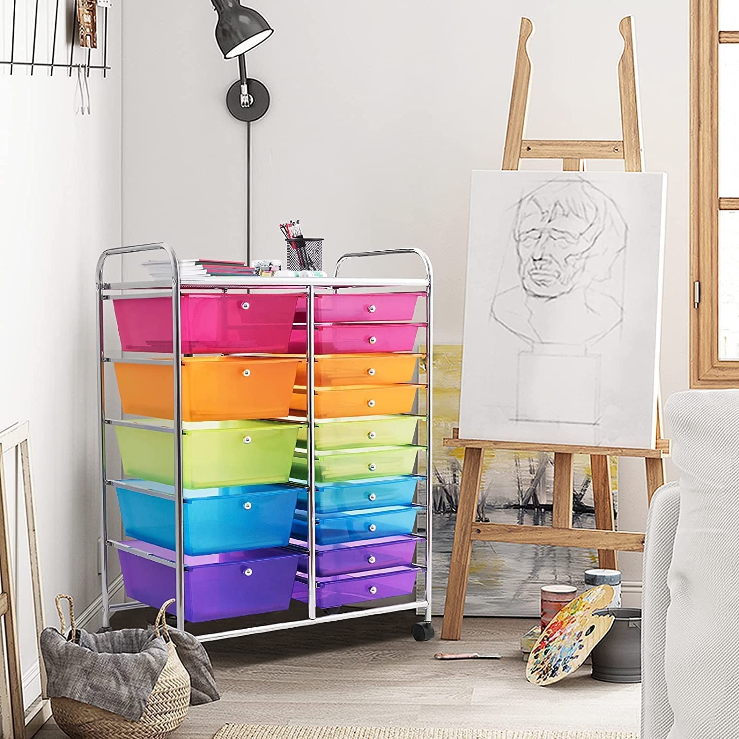 COSTWAY 15 Drawer Rolling Storage Cart, Mobile Utility Cart with Rainbow
