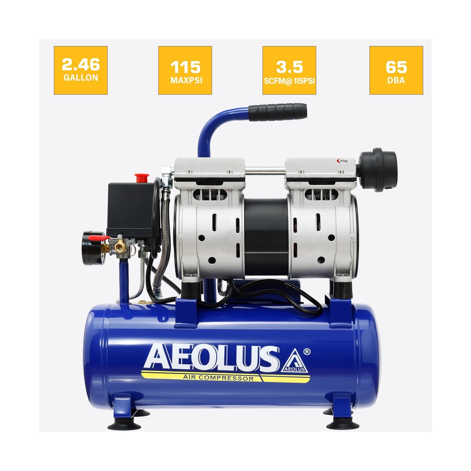 Ultra Quiet Air Compressor, 65dB, Oil-Free, Quick Couplers,115PSI, Portable E…