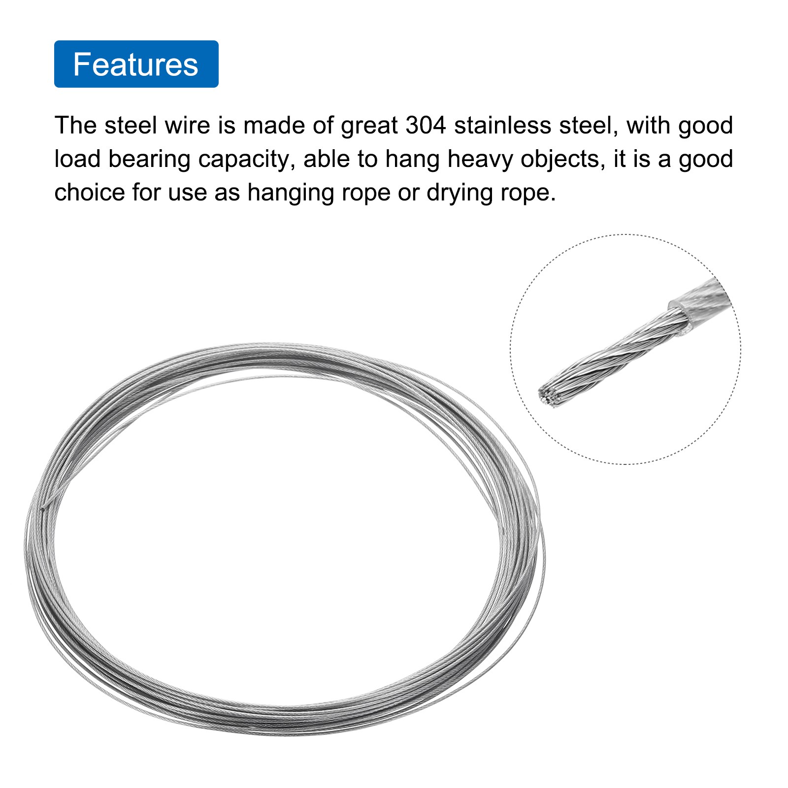 33Ft(10M) Wire Rope 304 Stainless Steel 1/16″ (1.5 mm) 2Pcs Sleeve Transparent