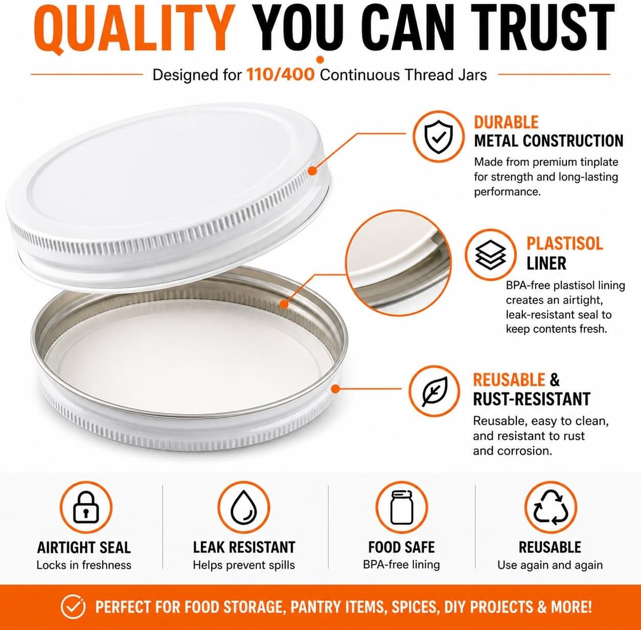 3-Pack White Metal Lids for 1 Gallon & 1/2 Gallon Wide Mouth Glass Jars – 110mm