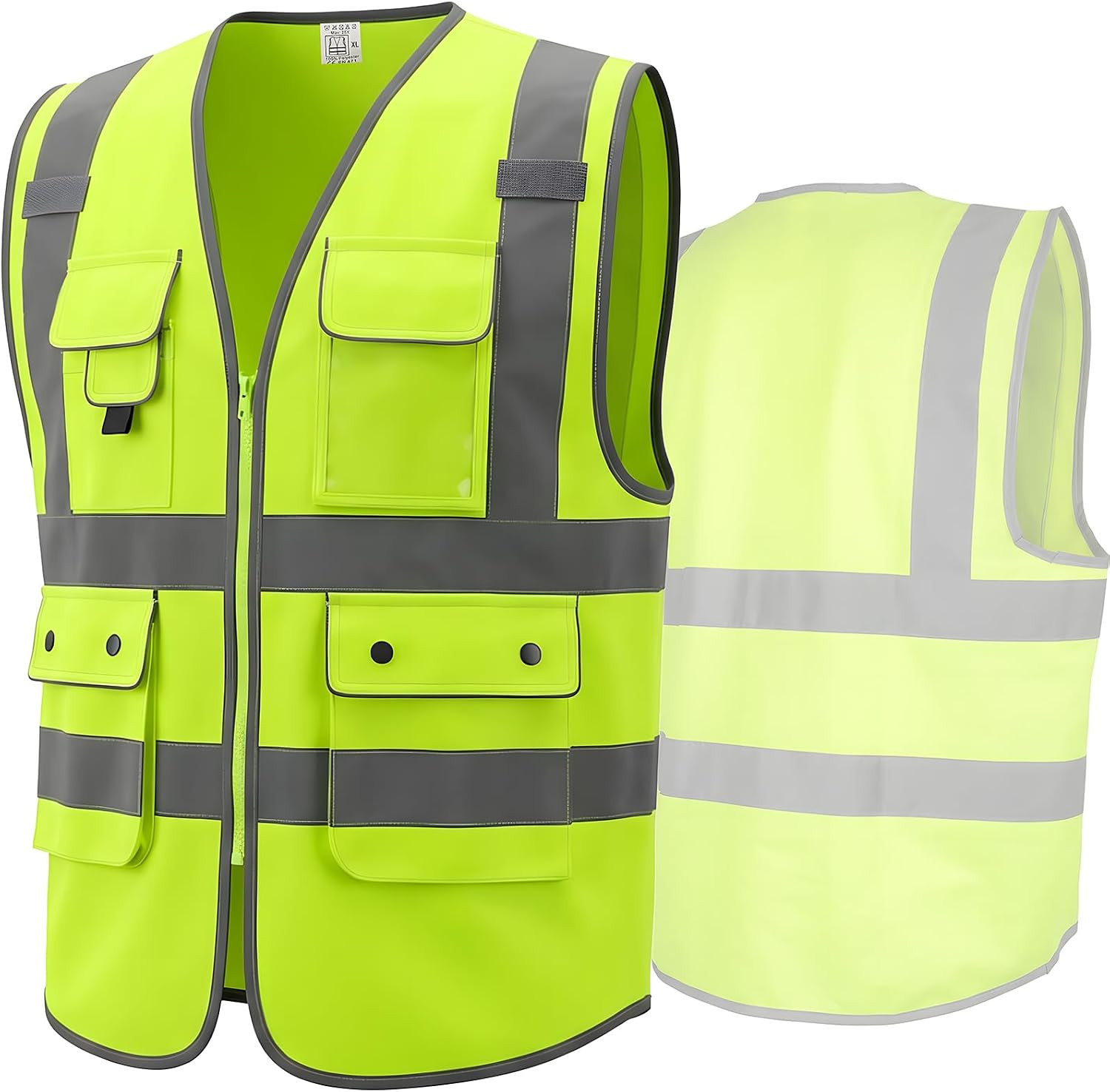 Class 2 High Visibility Safety Vest with Zipper Front, 9 Pockets & Reflective