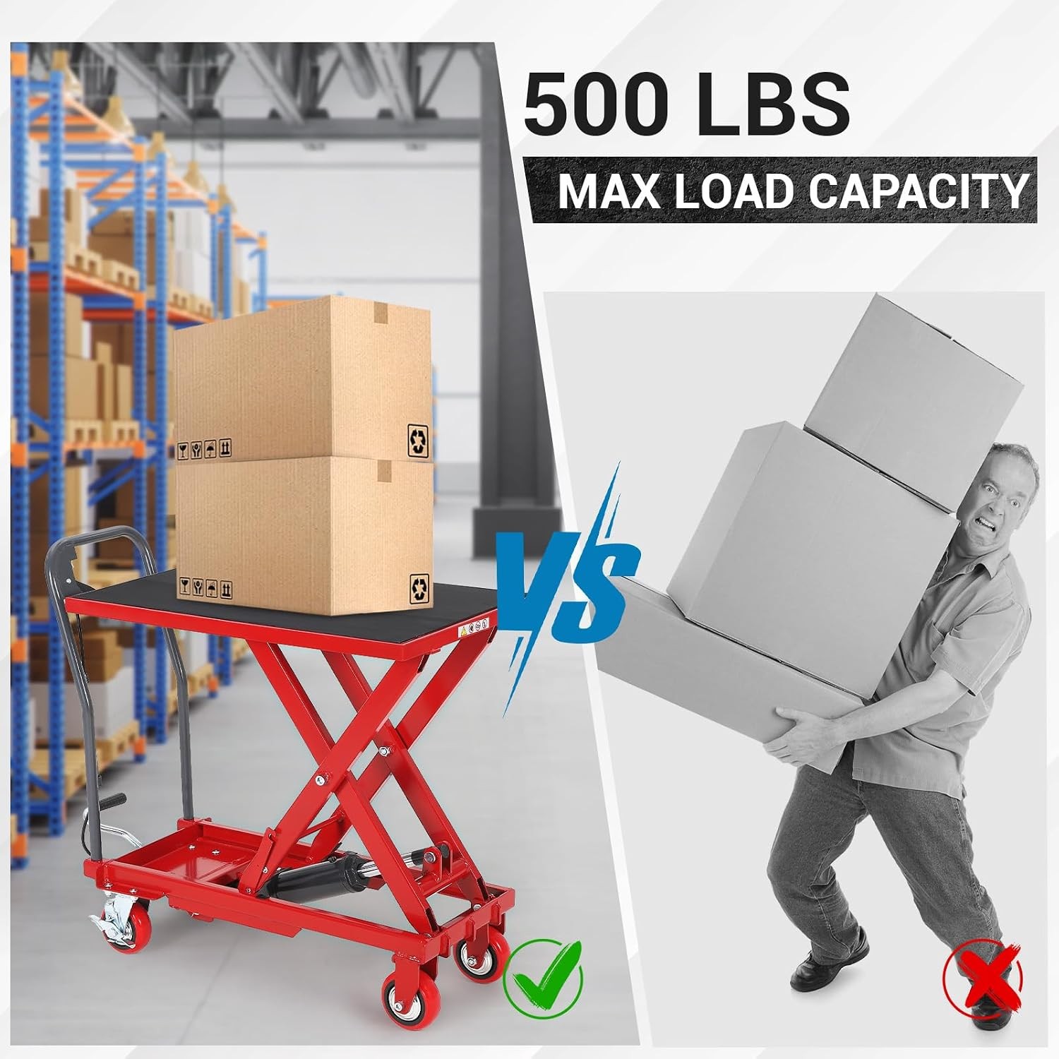 500Lbs Hydraulic Lift Table Cart 28.5in Height 4 Swivel Wheels Non-Slip Pad Use