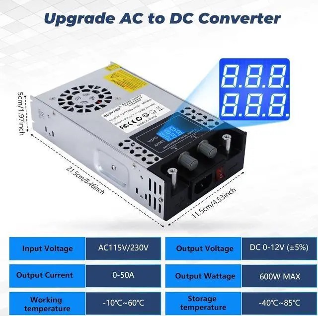 BOSYTRO 0-24V 25A 600W Adjustable Switch-Mode DC Power Supply SMPS