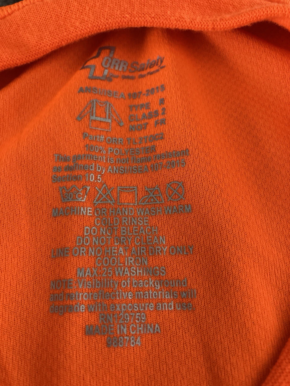 ORR Safety Orange Work Shirt XL Longsleeve Class 2 Type R ANSI/ISEA ORR TL2TOC2