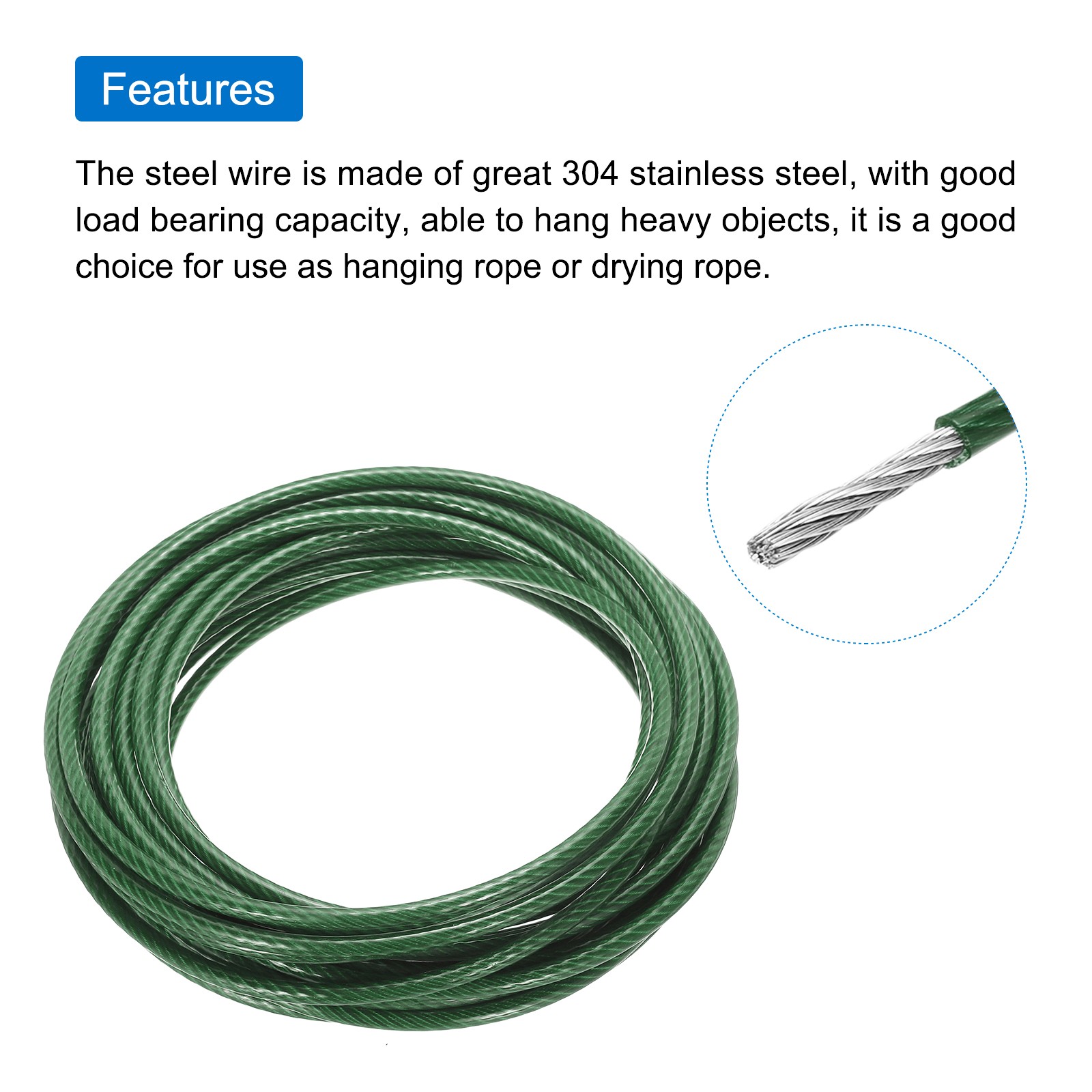 33Ft(10M) Wire Rope 304 Stainless Steel 1/4″ (6 mm) with 2pcs Chuck Green