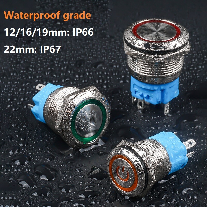12/16/19/22mm Waterproof Momentary / Latching LED Push Button Switch Metal 3~24V