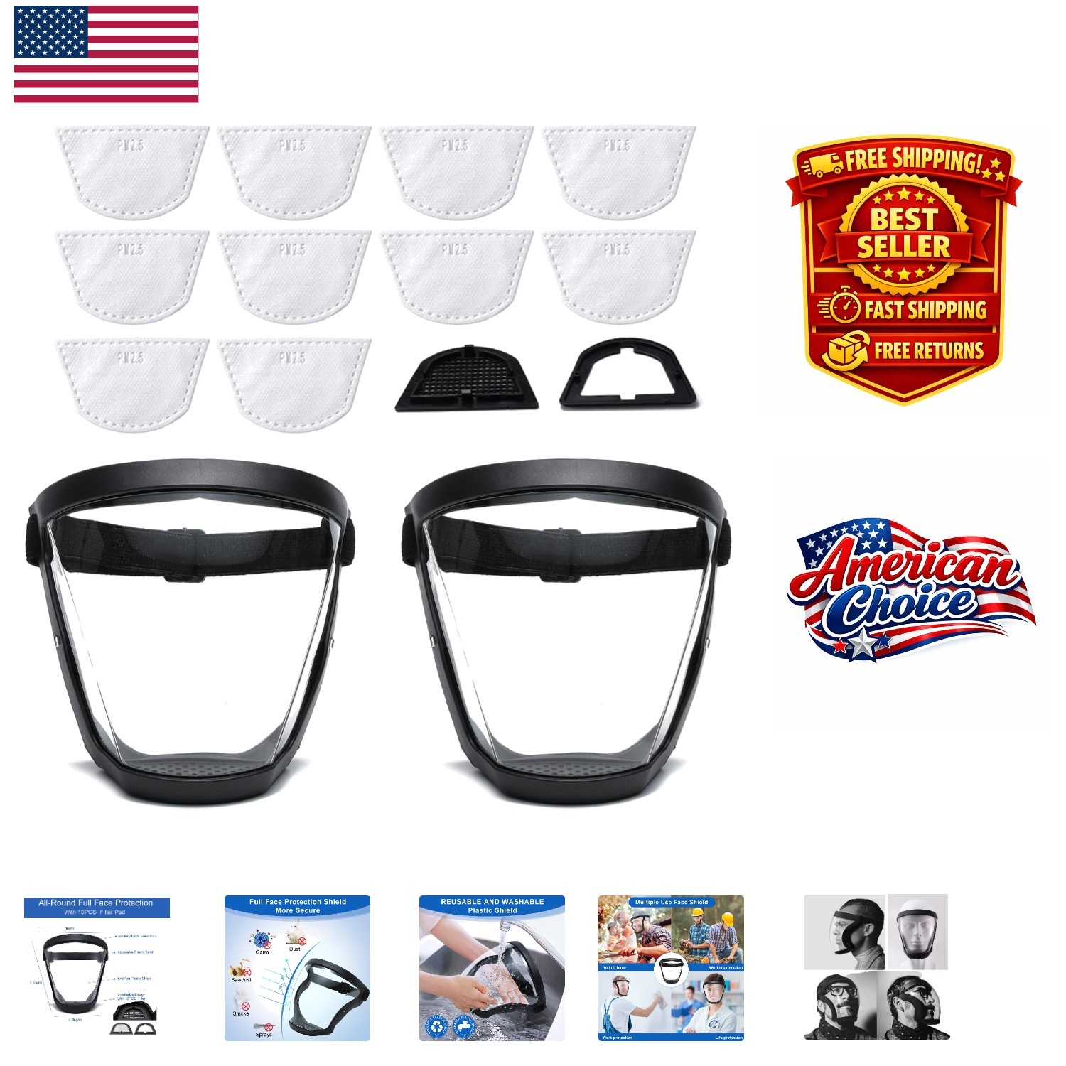 Durable 2 Pack Transparent Face Shield with Ergonomic Design – For Everyday Use