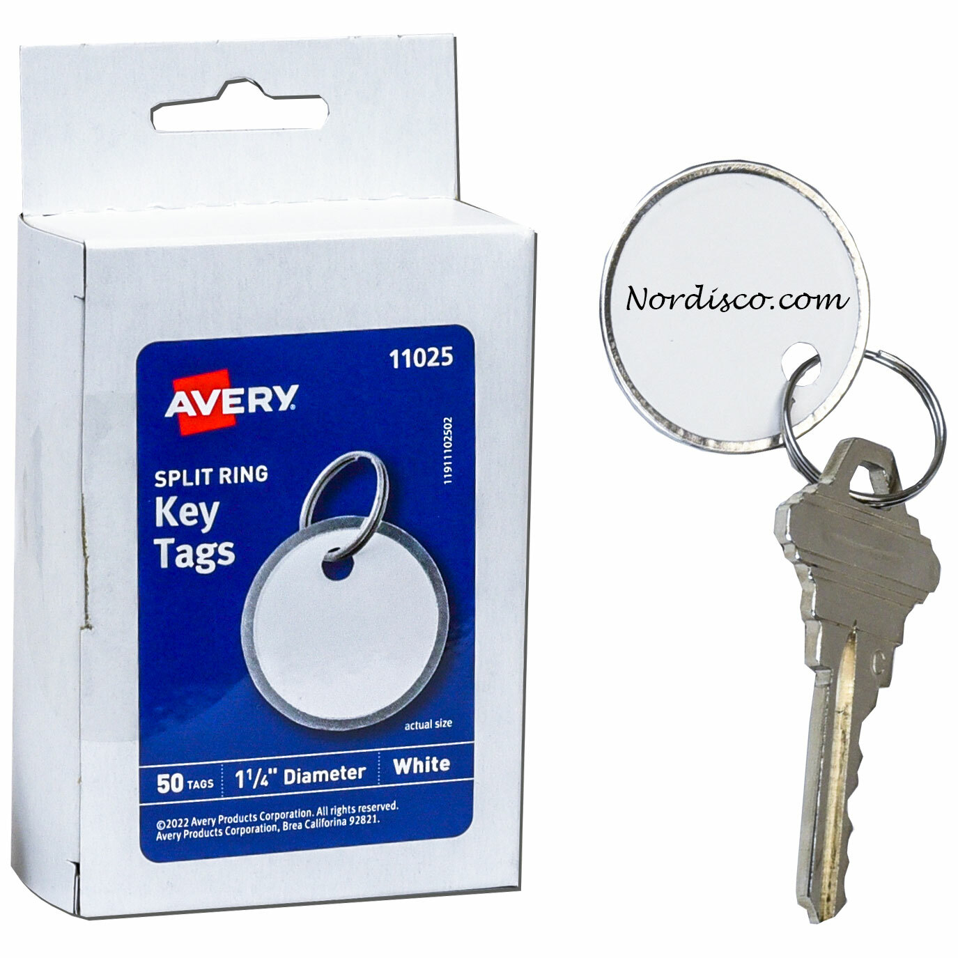 Avery 11025 Split Ring Key Tags, 1-1/4″ Diameter, White, Metal Rim, Pack of 50