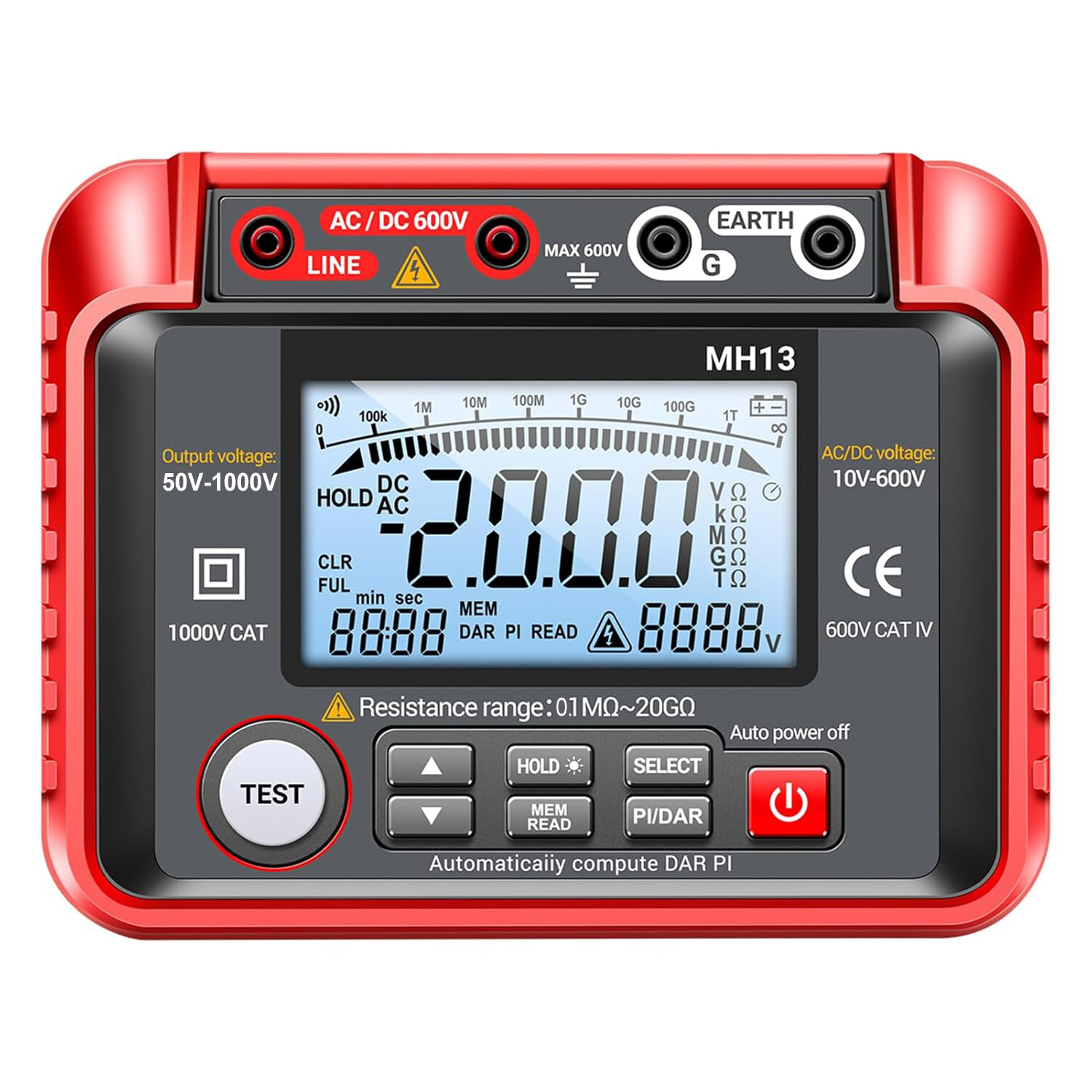 1000V Insulation Resistance Tester Megohmmeter Ohm, AC/DC Voltage Tester, PI/DAR