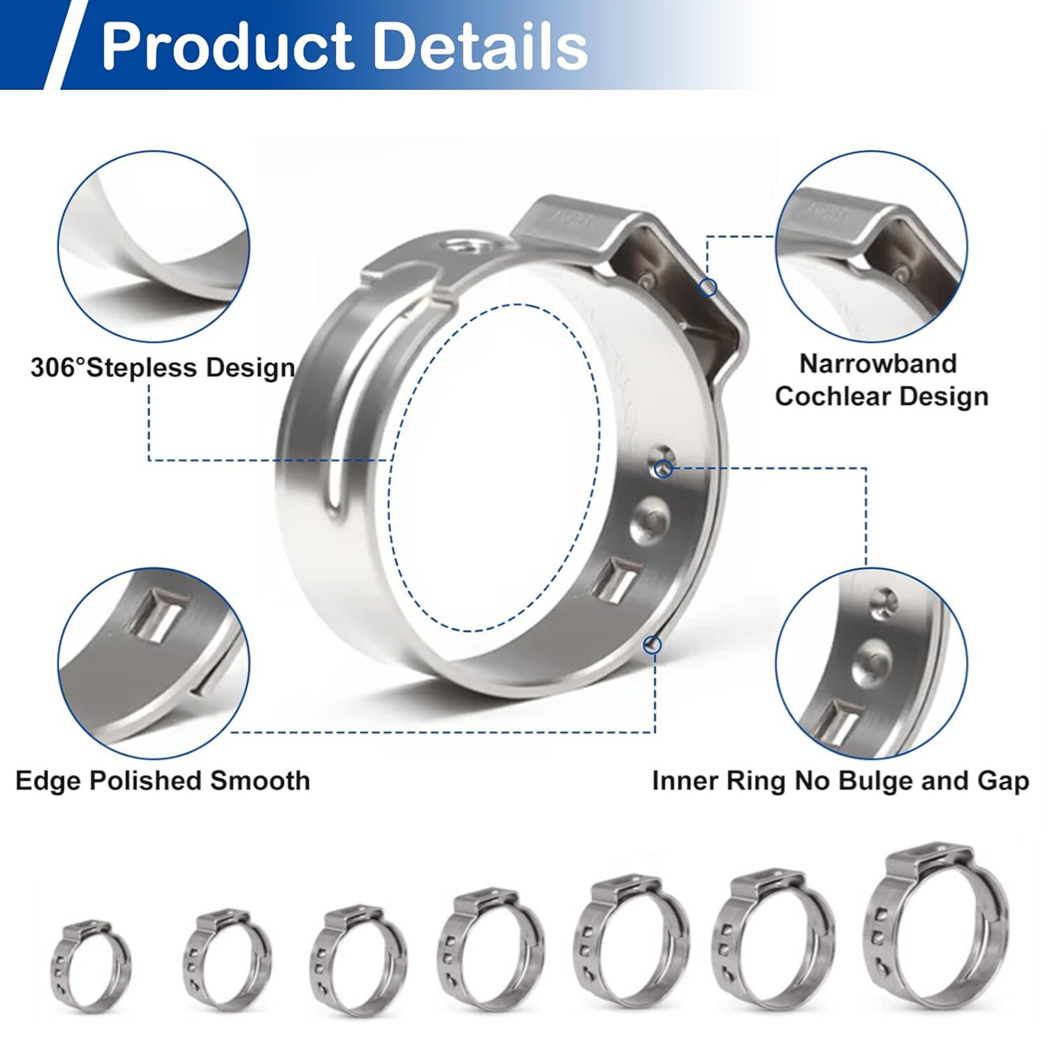 100/260X High Pressure Fuel Hose Clamps Stepless Stainless Steel Single Ear Clip
