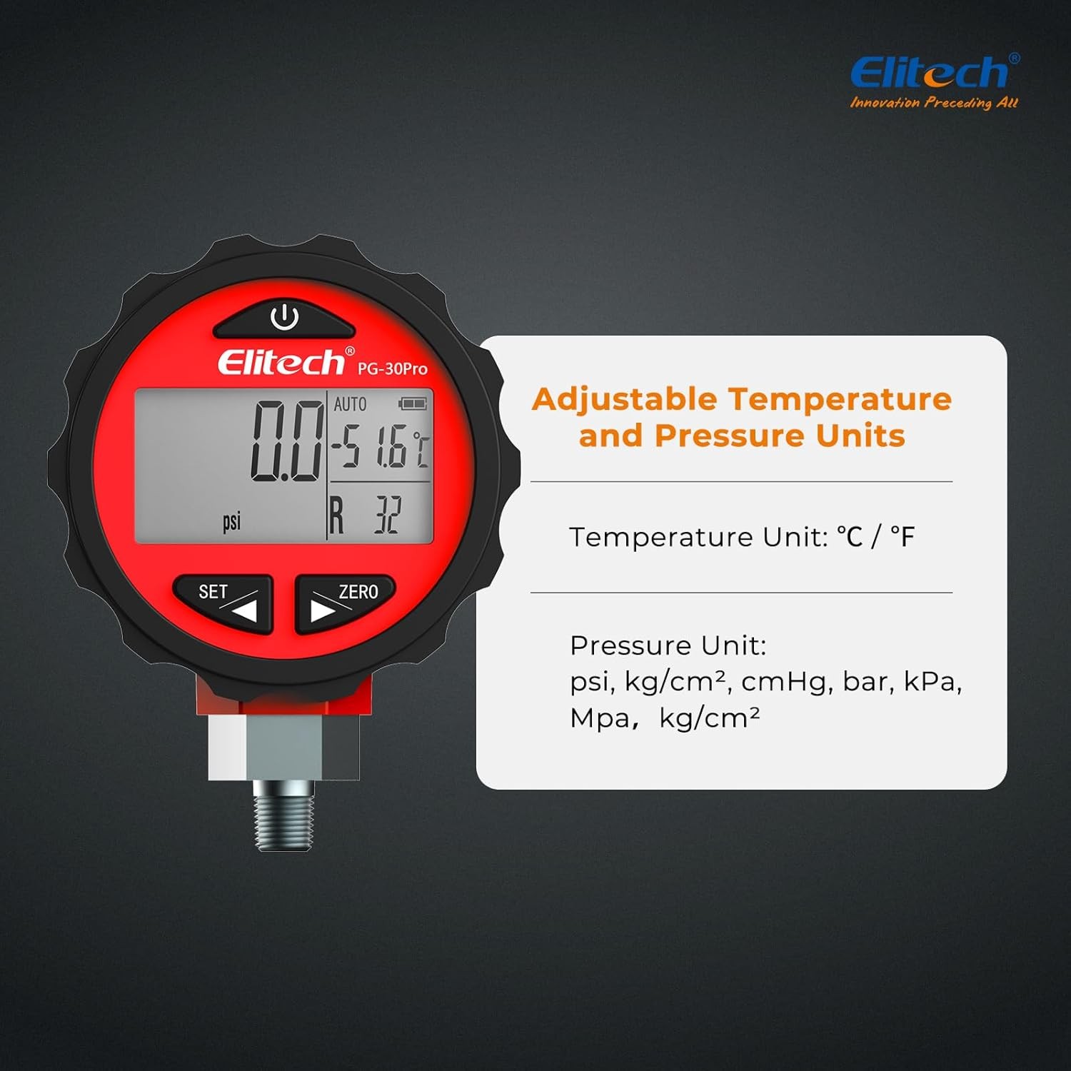 Elitech PG-30Pro Red Refrigeration HVAC Digital Pressure Gauge 87+ Refrigerants