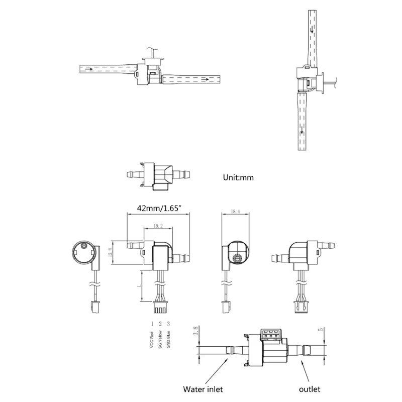 Water Flow Sensor 40-150ml/min Optical Transparent Hall Flow Meter FM-PS2216