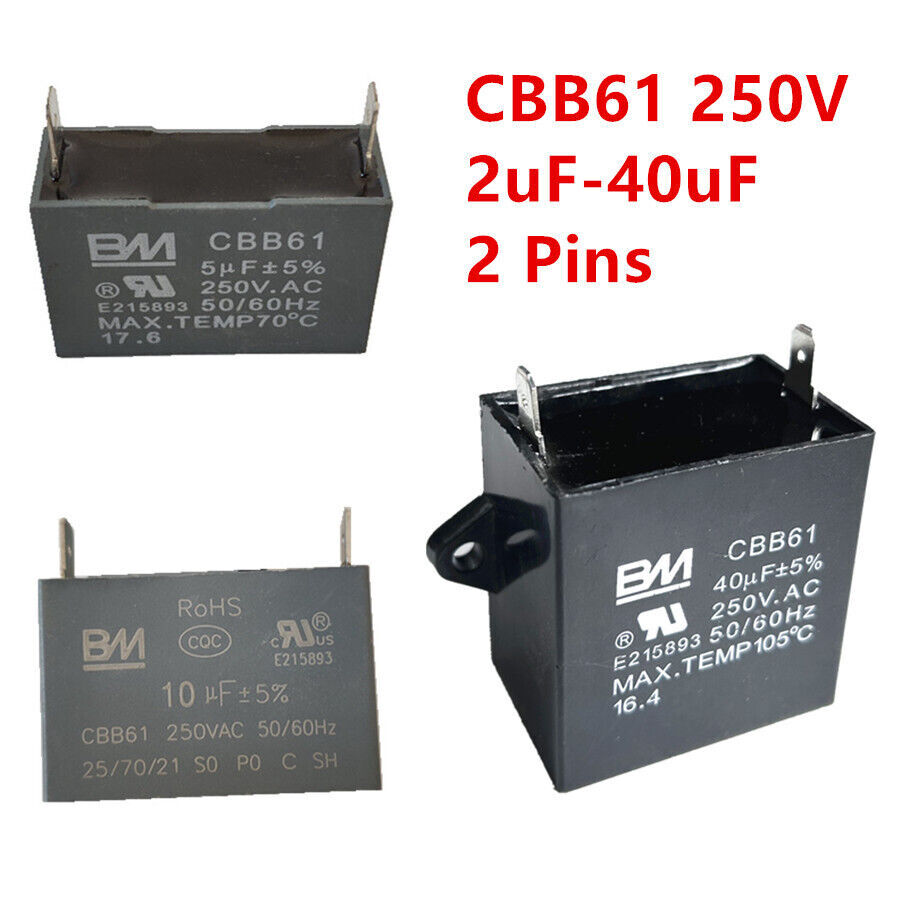 CBB61 250V 2/5/6/8/10/15/20/25/40 UF Fan Motor RUN Capacitor 2 PINS 250VAC