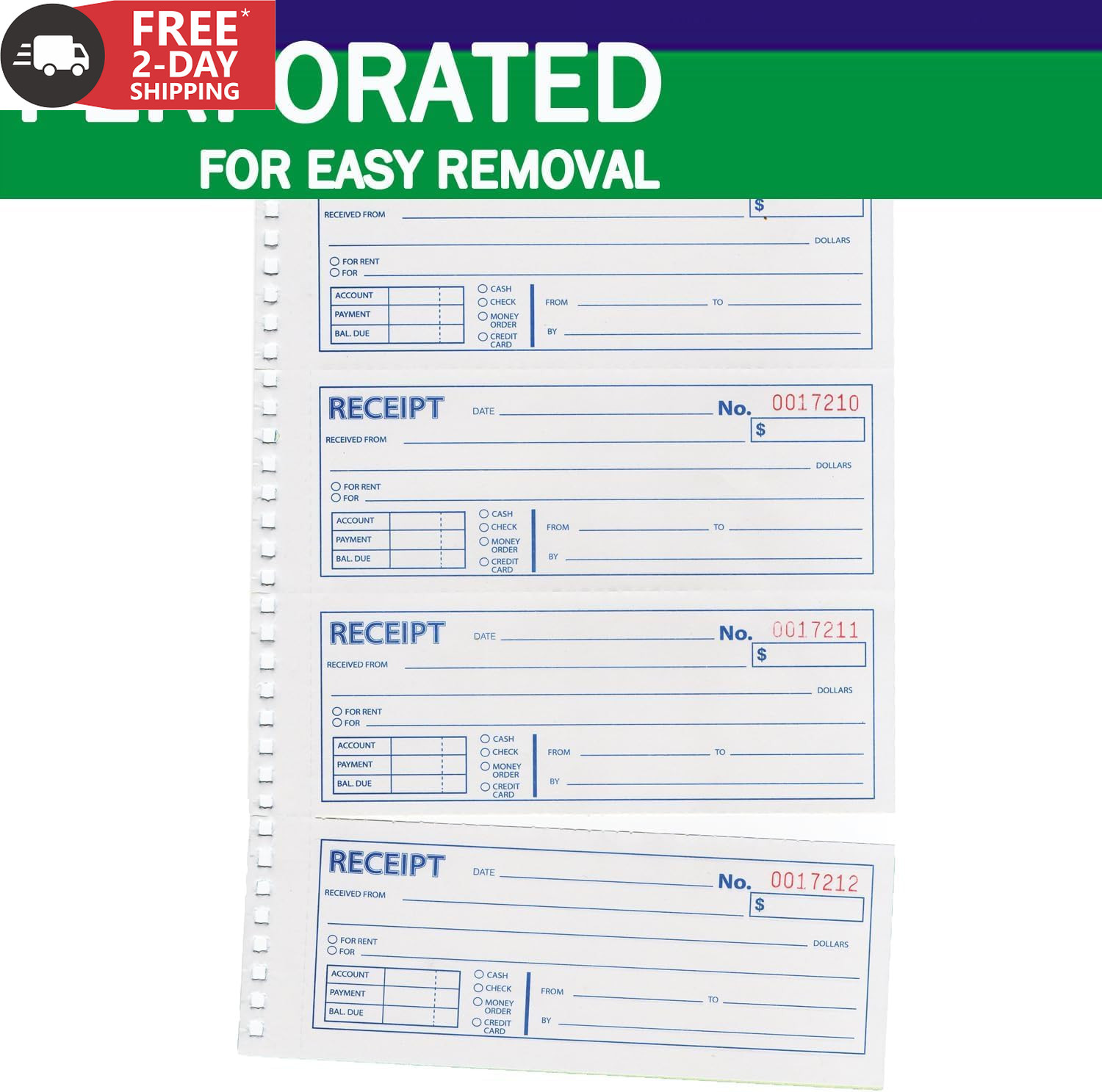 Money and Rent Receipt Book 2-Part Carbonless 7-5/8″ X 11″ Spiral Bound 200 Sets