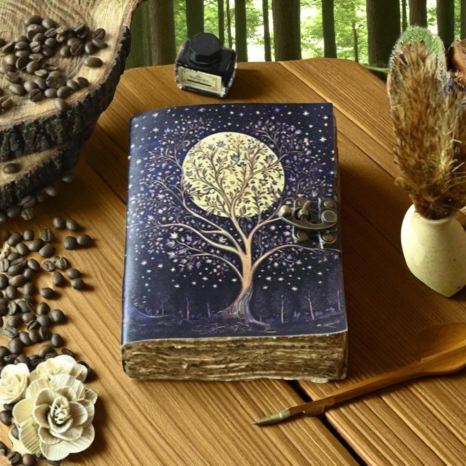 400 Page Large Grimoire leather journal, Print Tree of Life Journal, Blank spell
