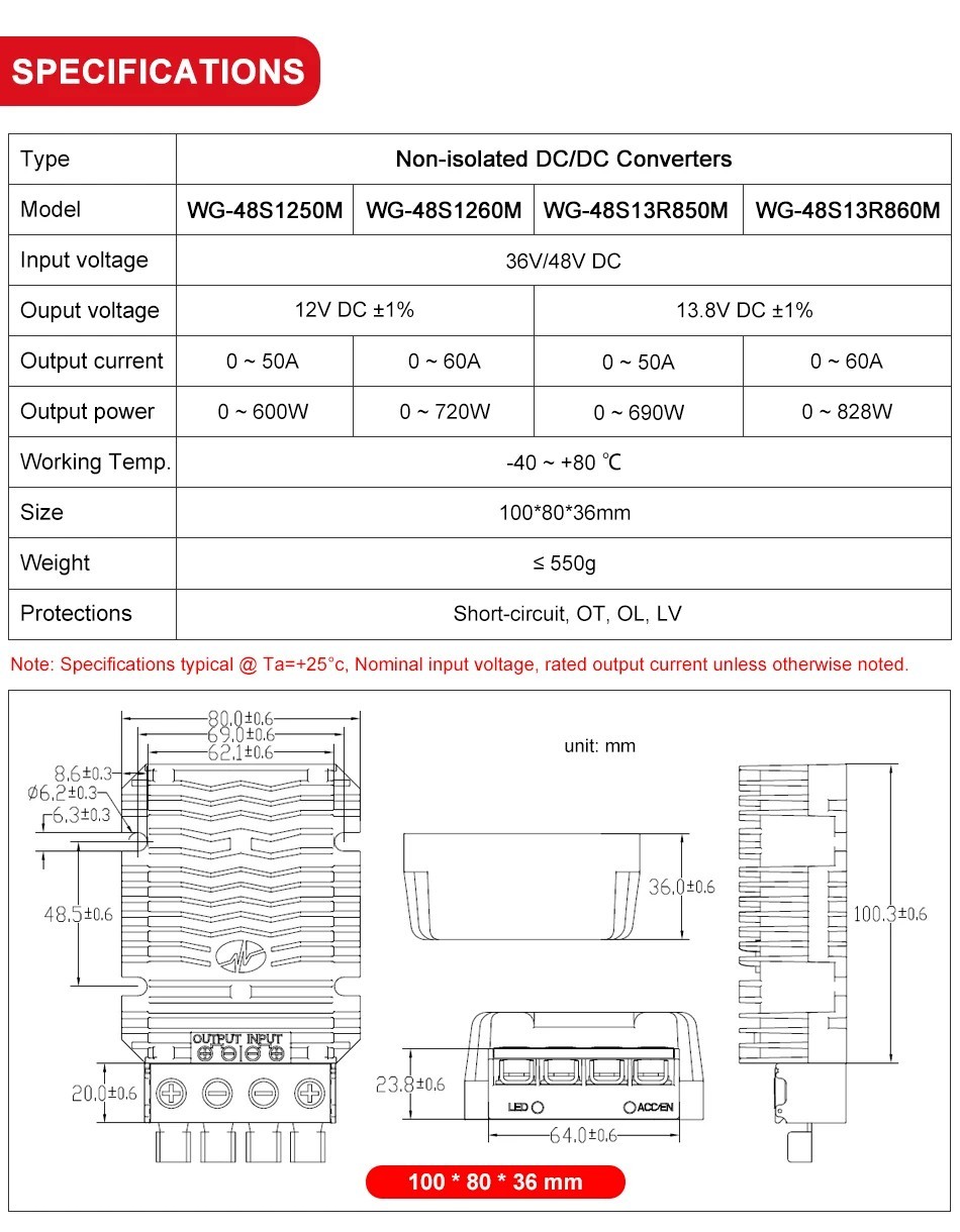 DC DC Converter 24V 36V 48V 60V 72V To 12V/13.8V Step Down Voltage Reducer