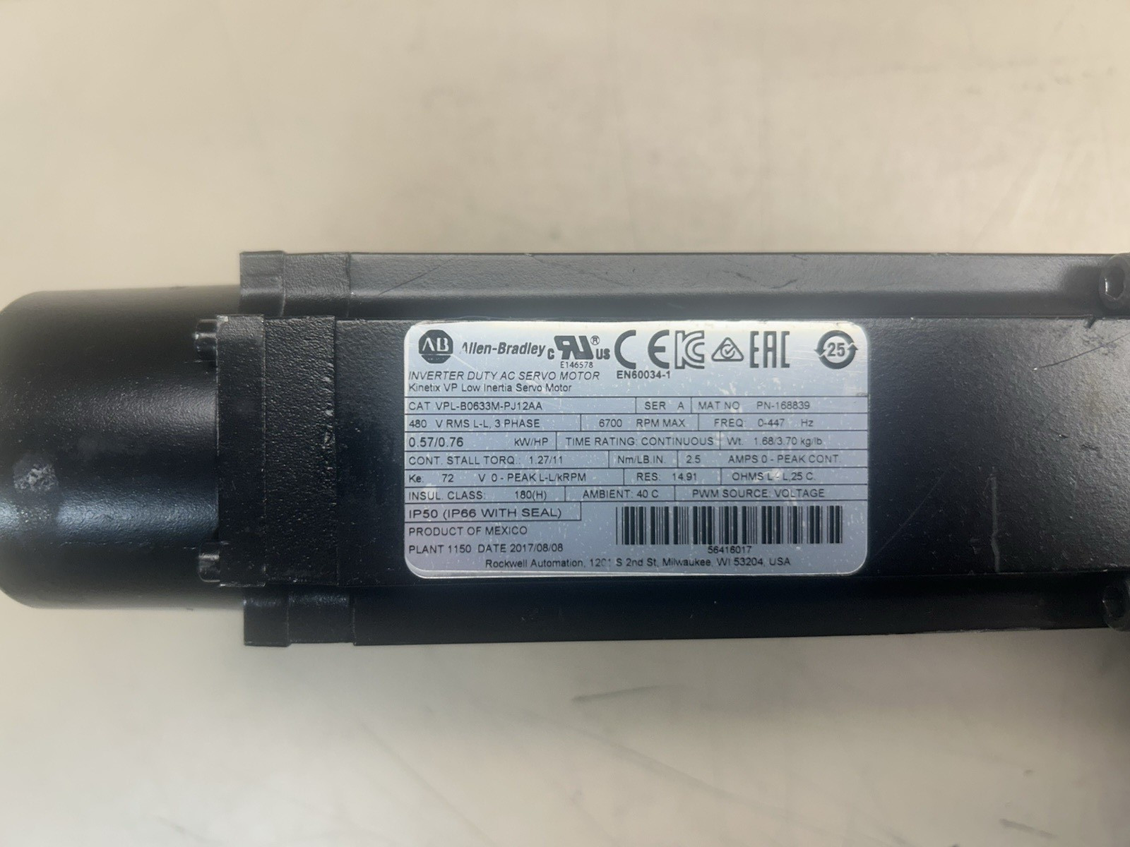 Allen-Bradley Cat VPL-B0633M-PJ12AA Kinetix VP Low Inertia Servo w/Apex Gear Box