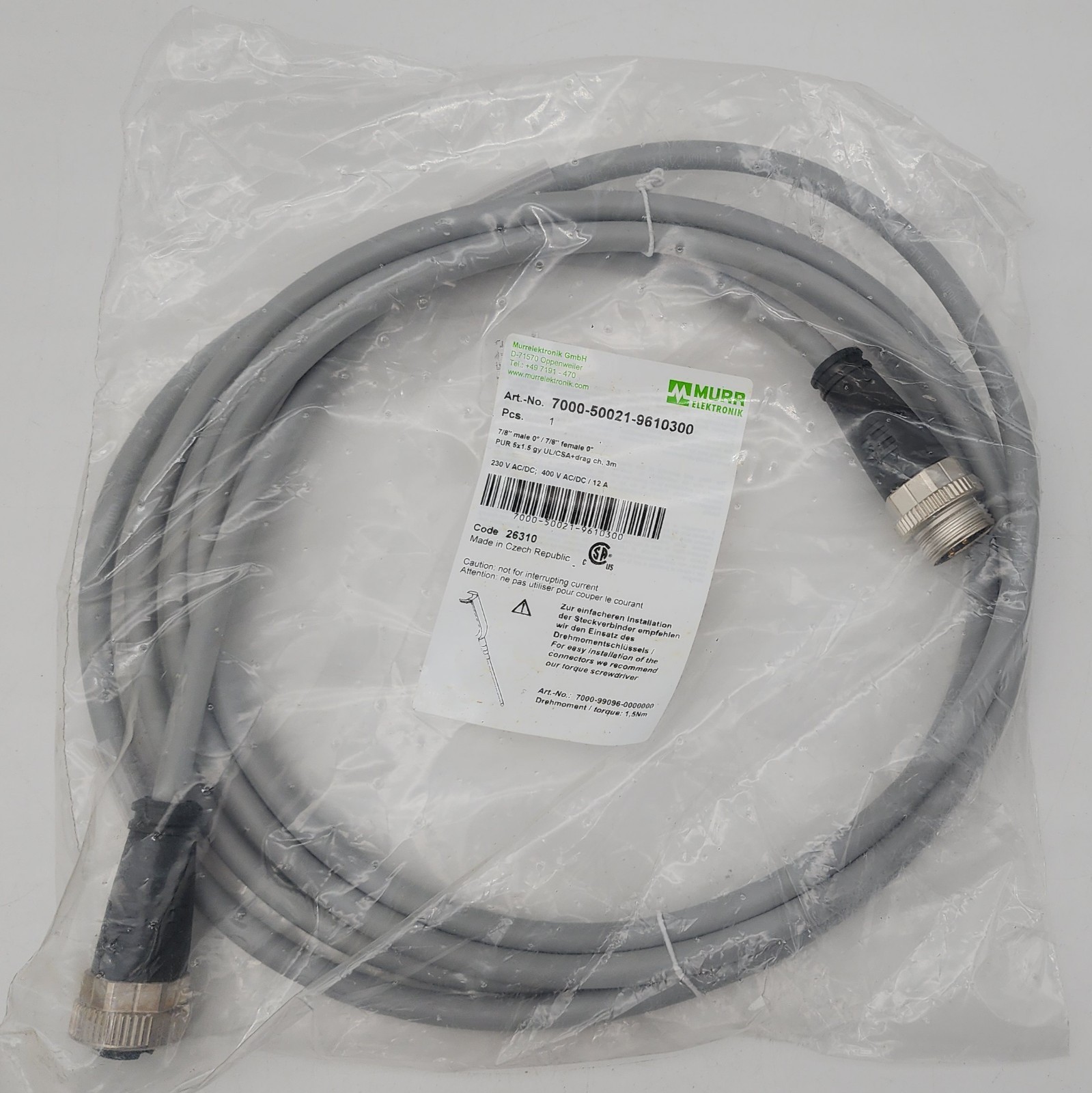 MURR 7000-50021-9610300 7/8″ MALE TO FEMALE CONNECTOR STRAIGHT (3m)