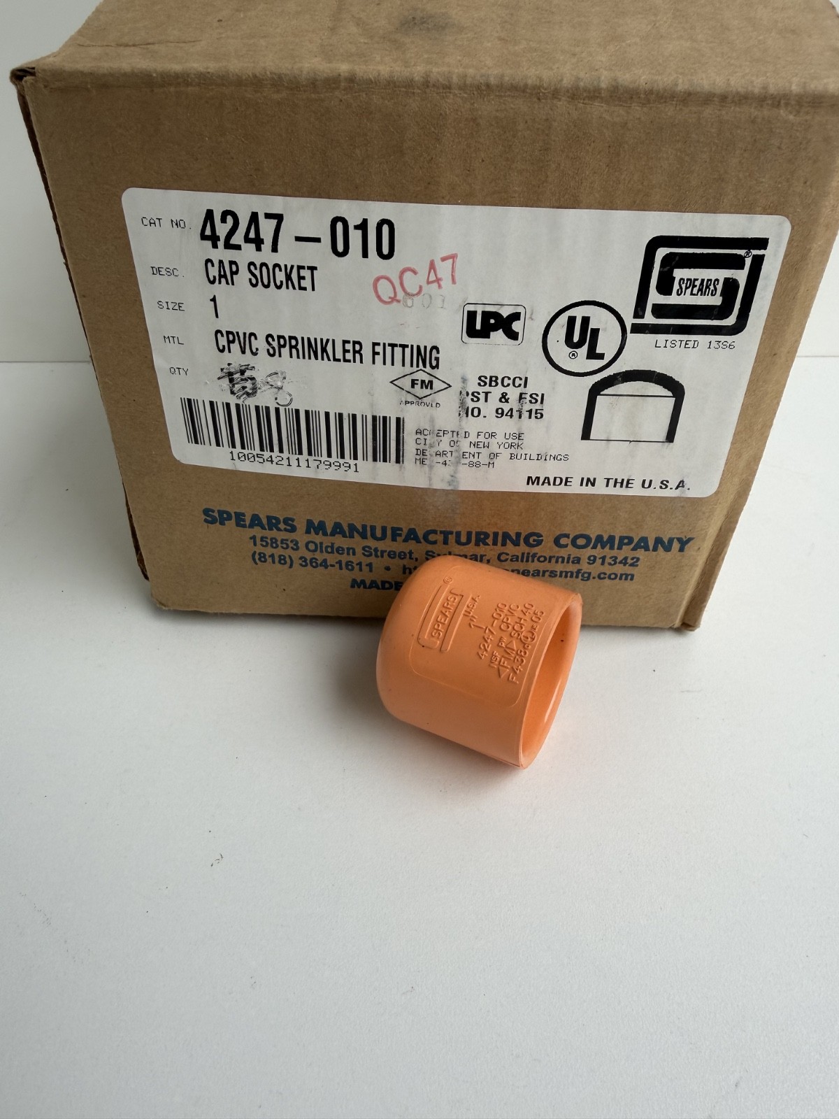 SPEARS FlameGuard 4247-010 1″ CPVC Cap Socket CPVC Sprinkler fitting UL FM